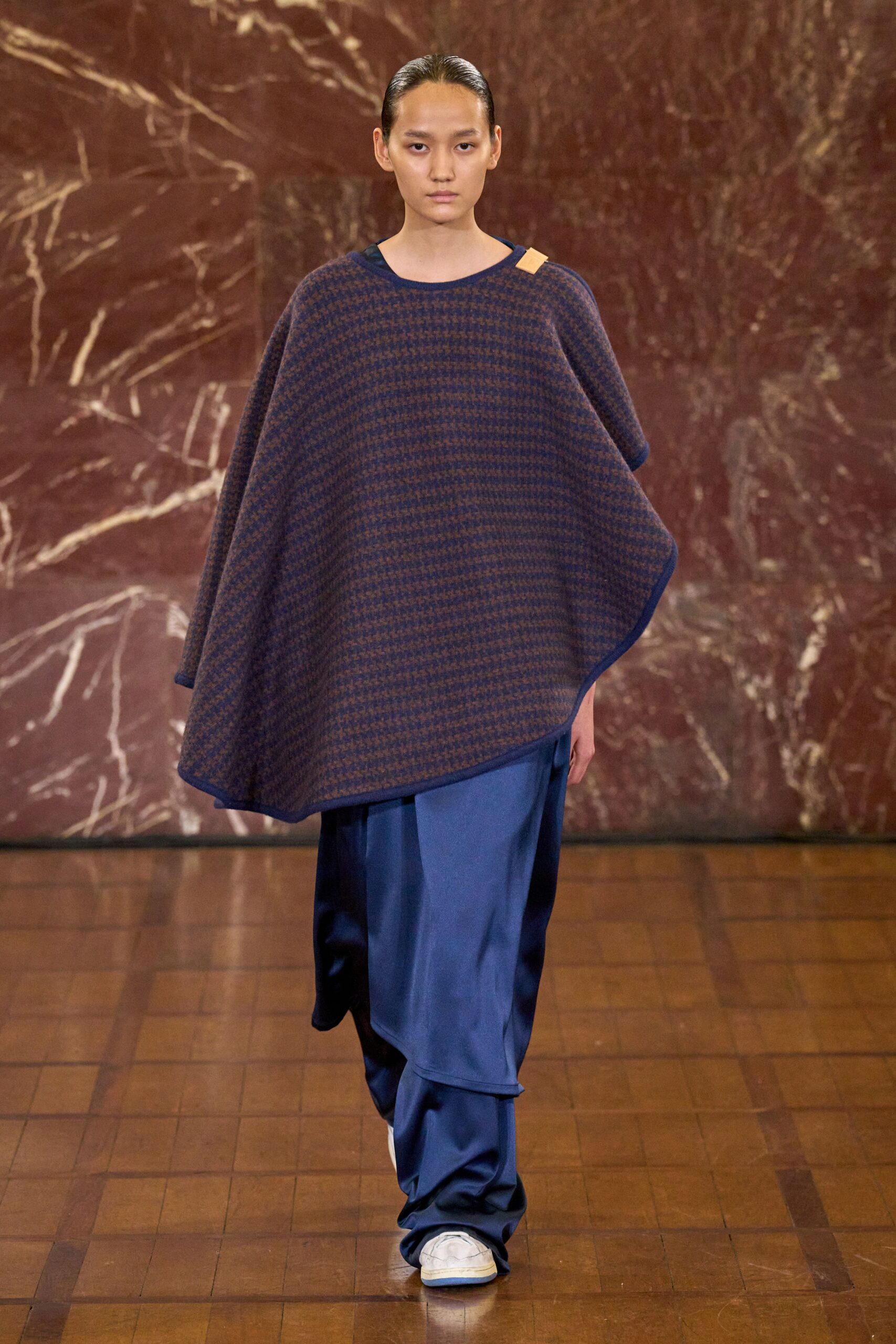 blue wool sleeveless oversized layered poncho