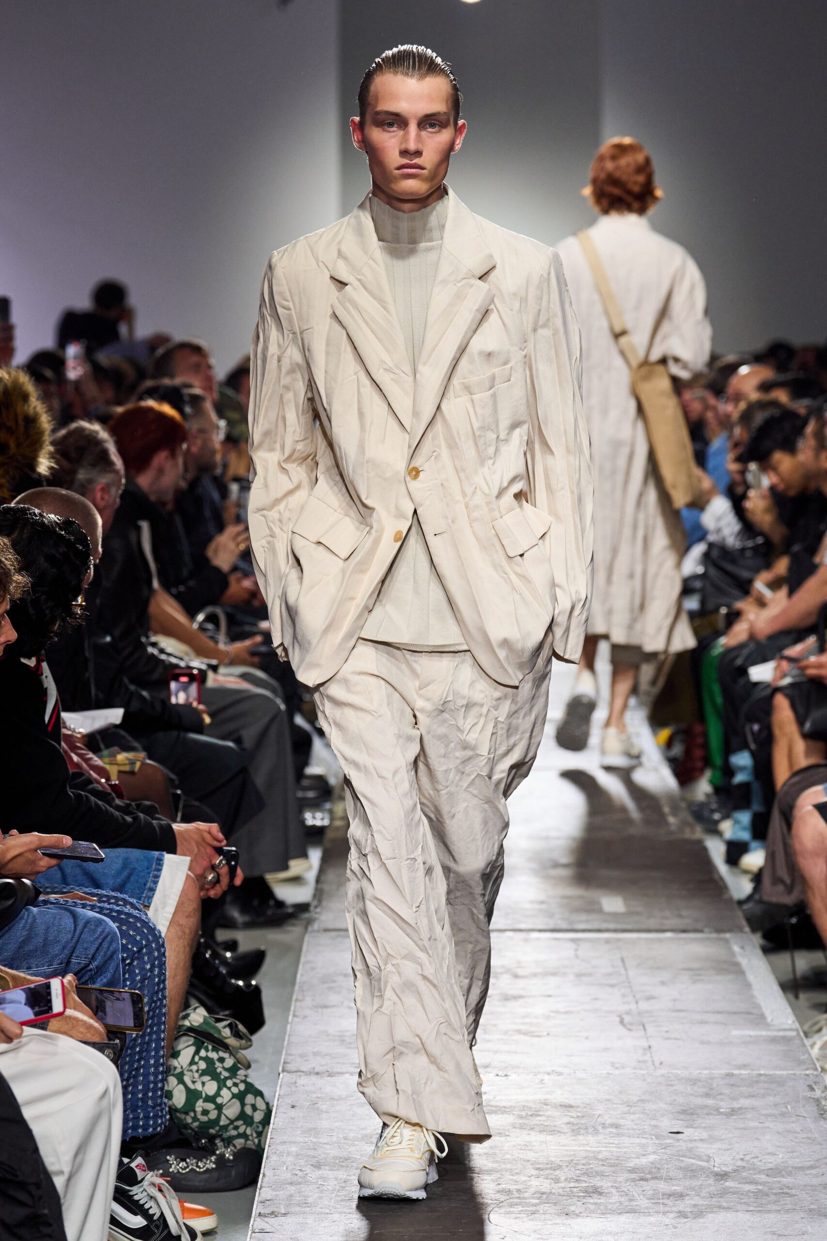white relaxed suit with t-shirt