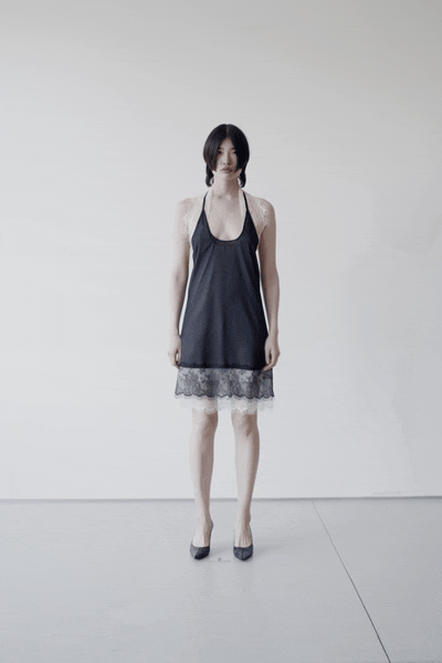 black silk sleeveless halter fitted layered mini dress