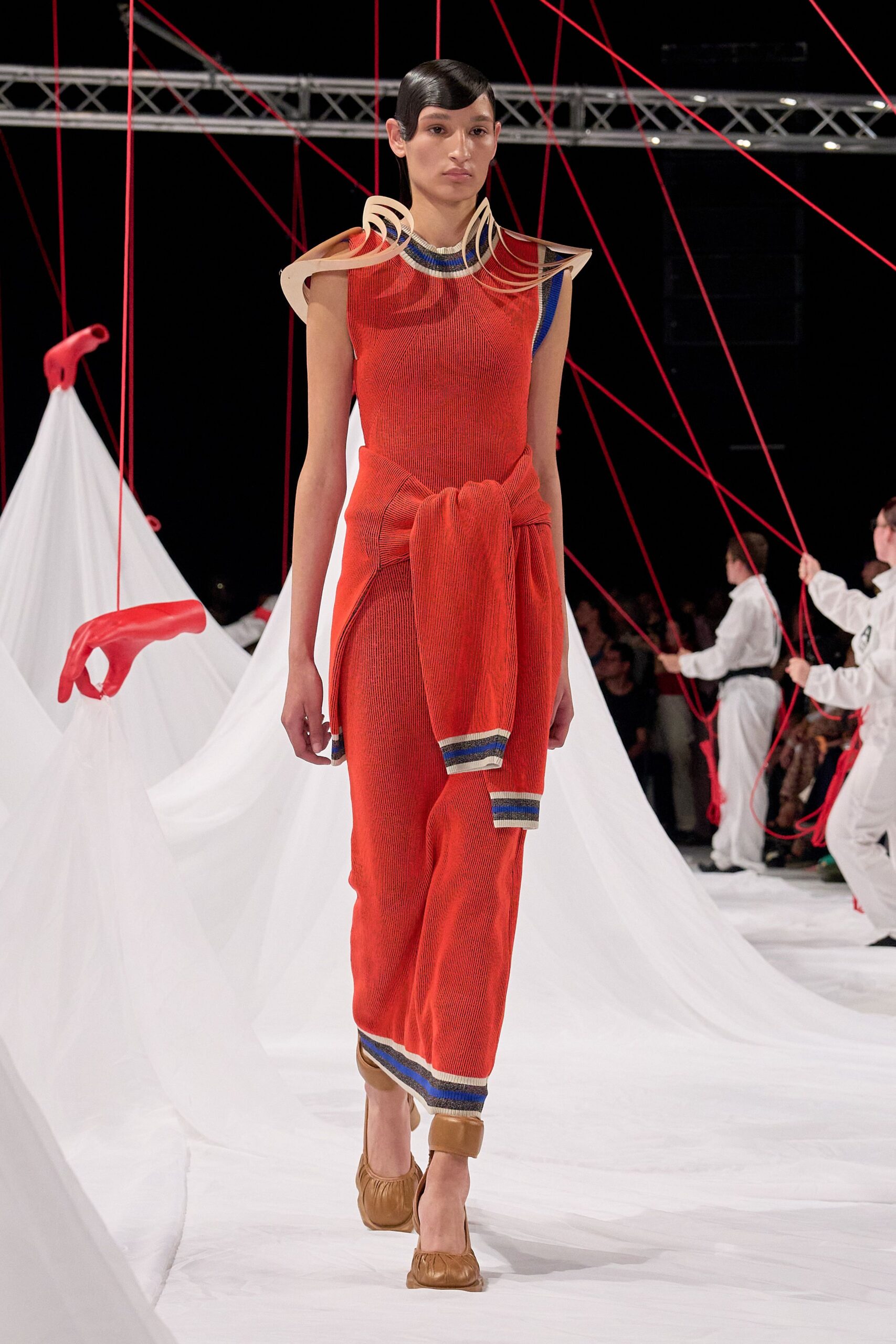 red cotton sleeveless high-neck fitted layered jumpsuit