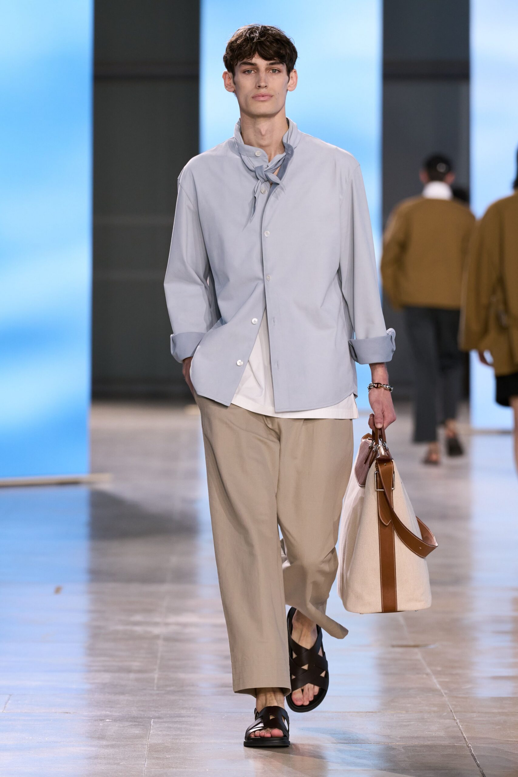 blue cotton shirt beige pants