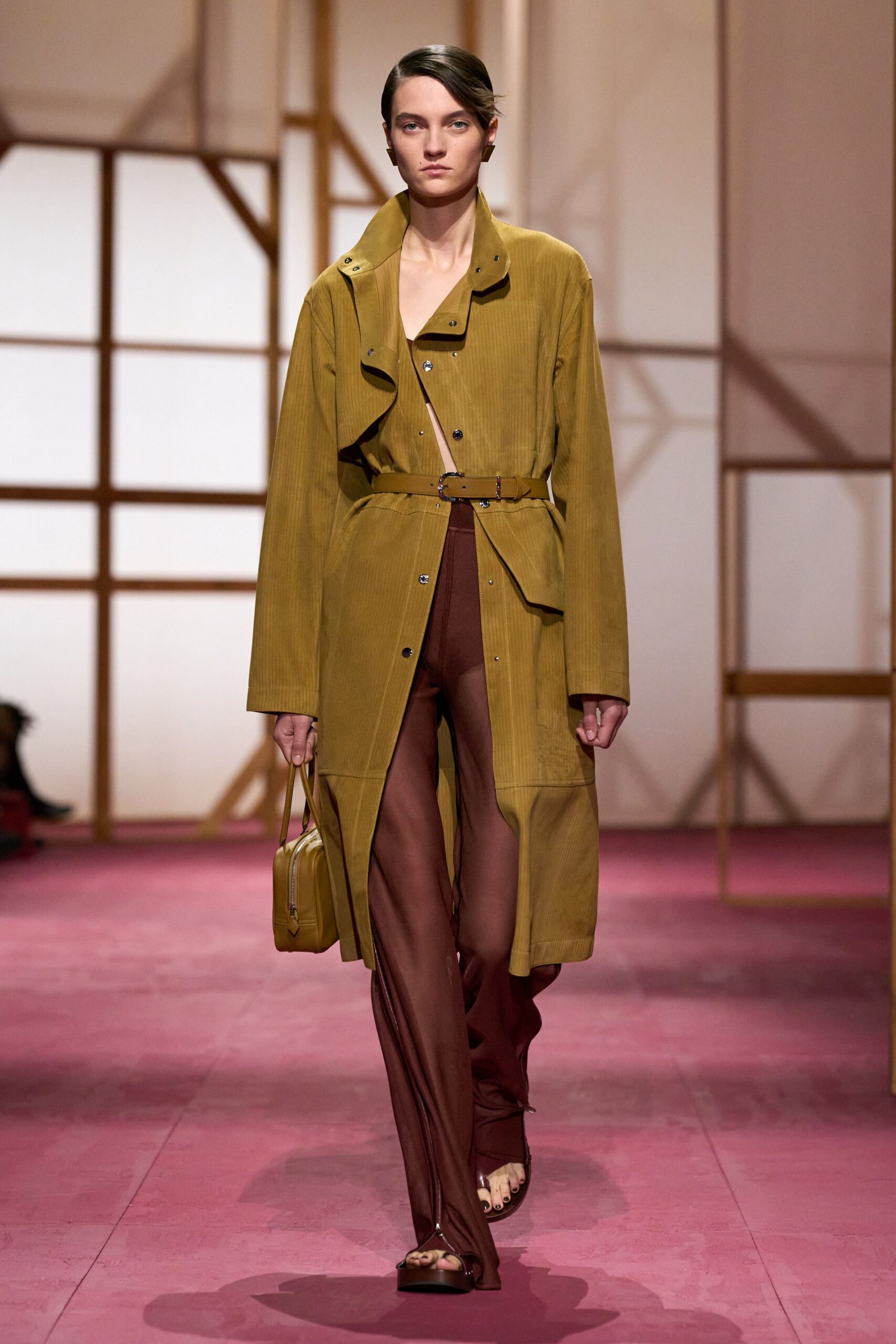 brown cotton fitted straight-leg sheer pants