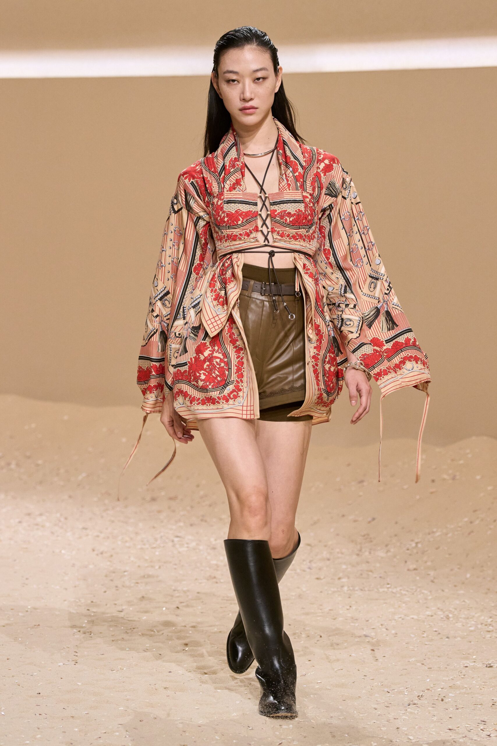 embroidered silk top with leather shorts