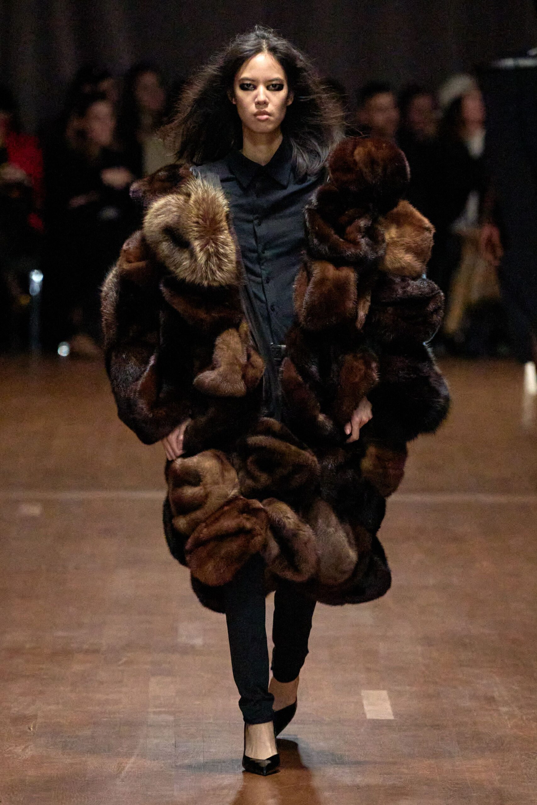 brown fur coat with black shirt