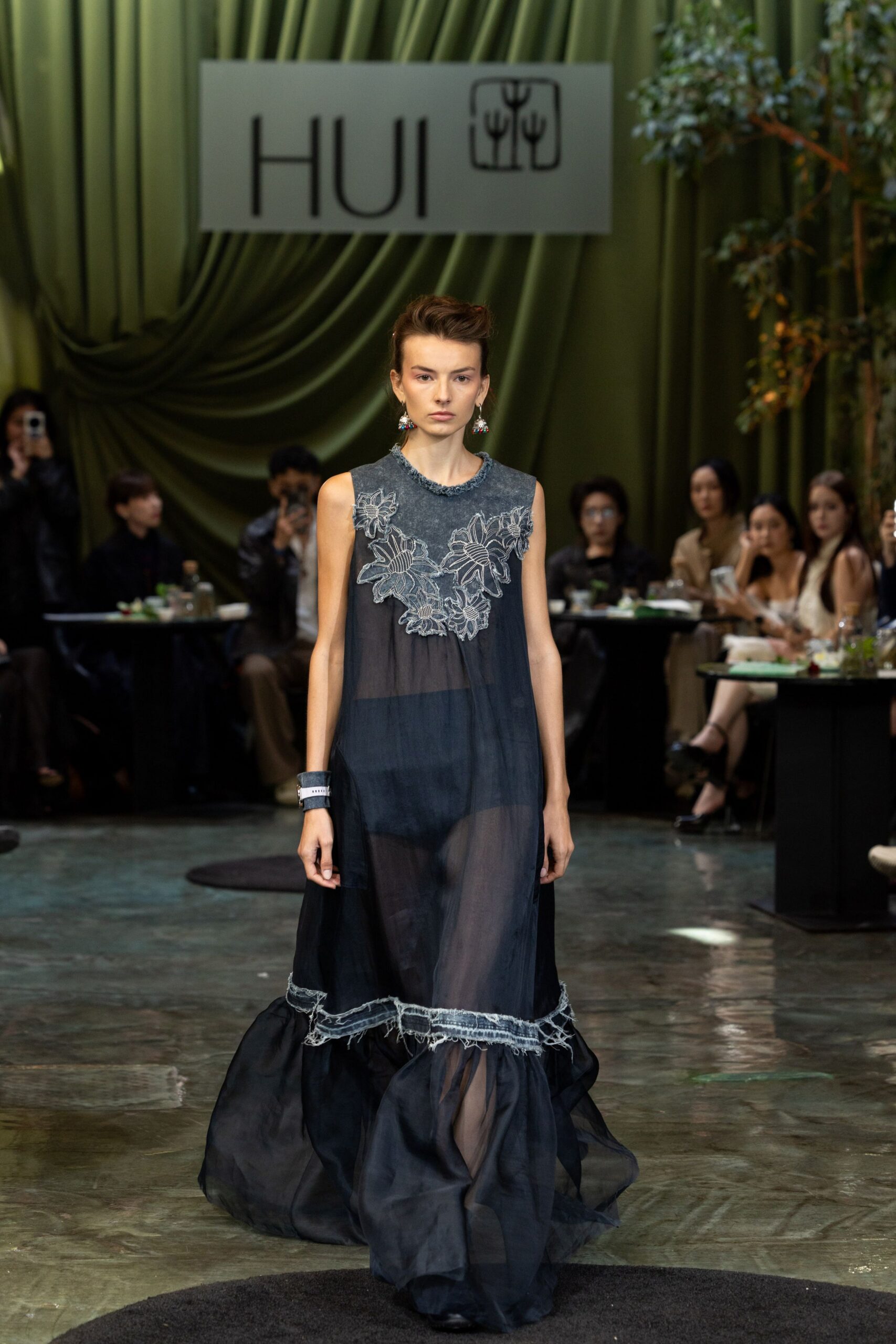 blue gray sheer embroidered dress