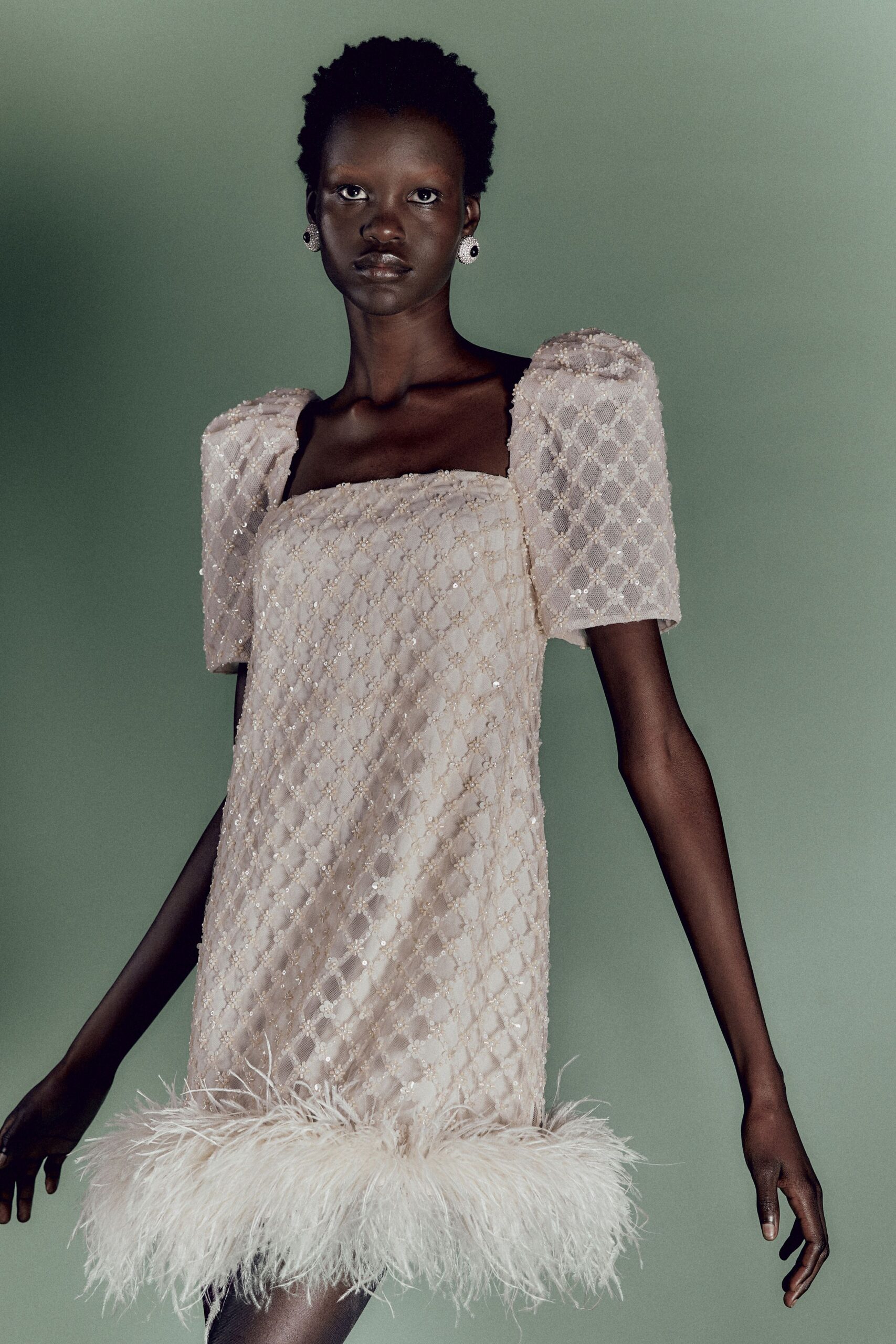 beige embroidered mini dress