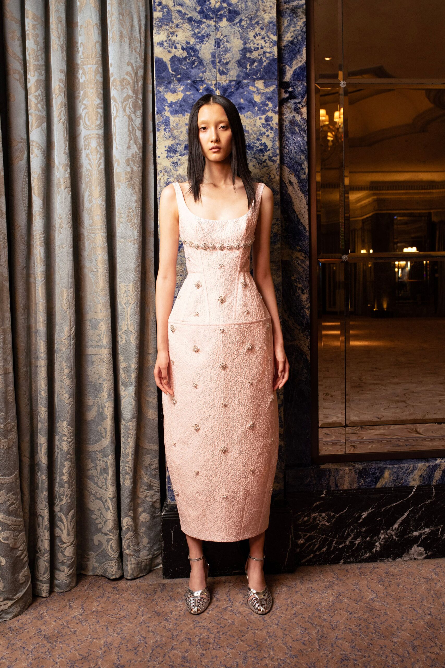 pink silk sleeveless v-neck fitted embroidered midi gown