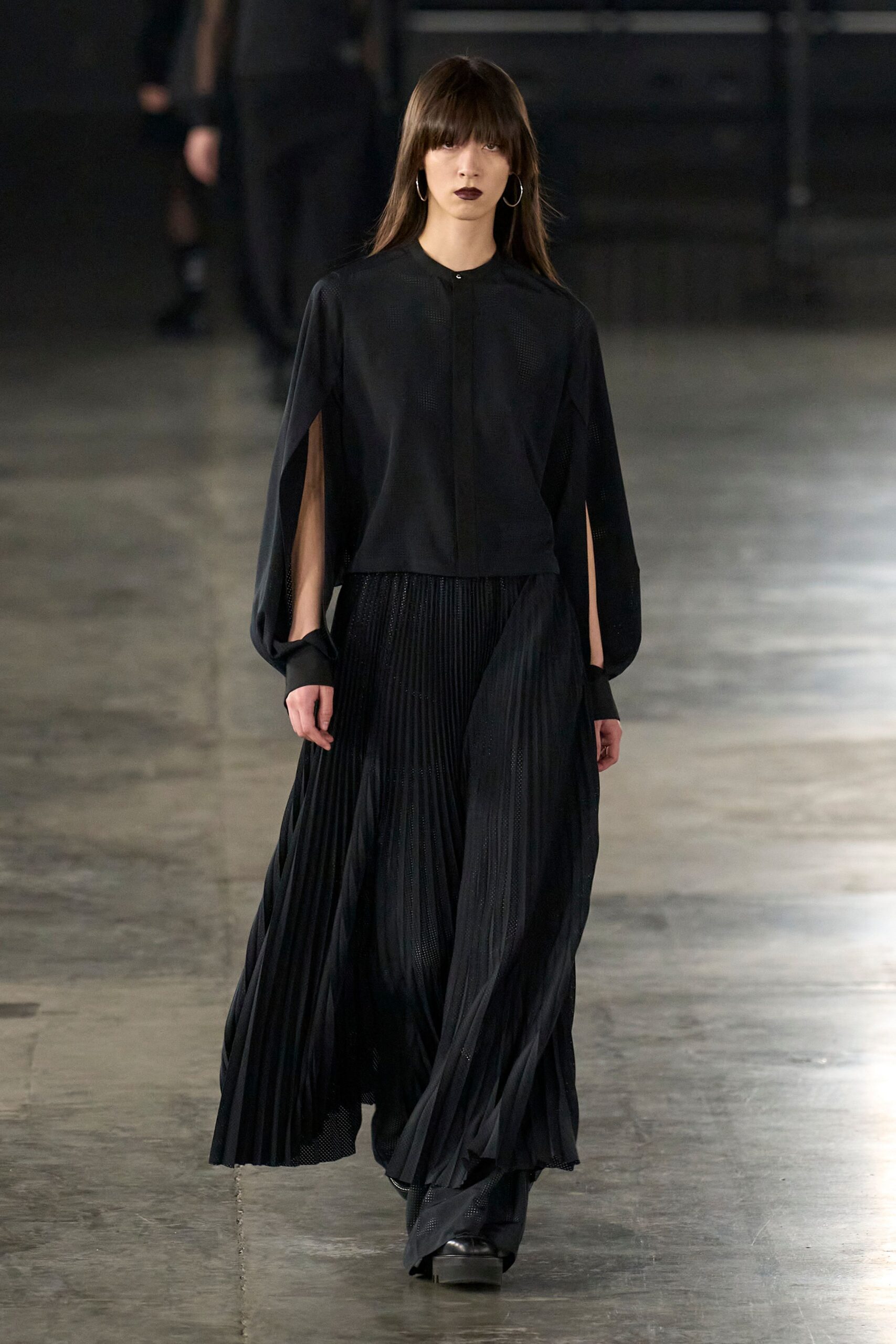 black silk long-sleeve collared relaxed pleated blouse