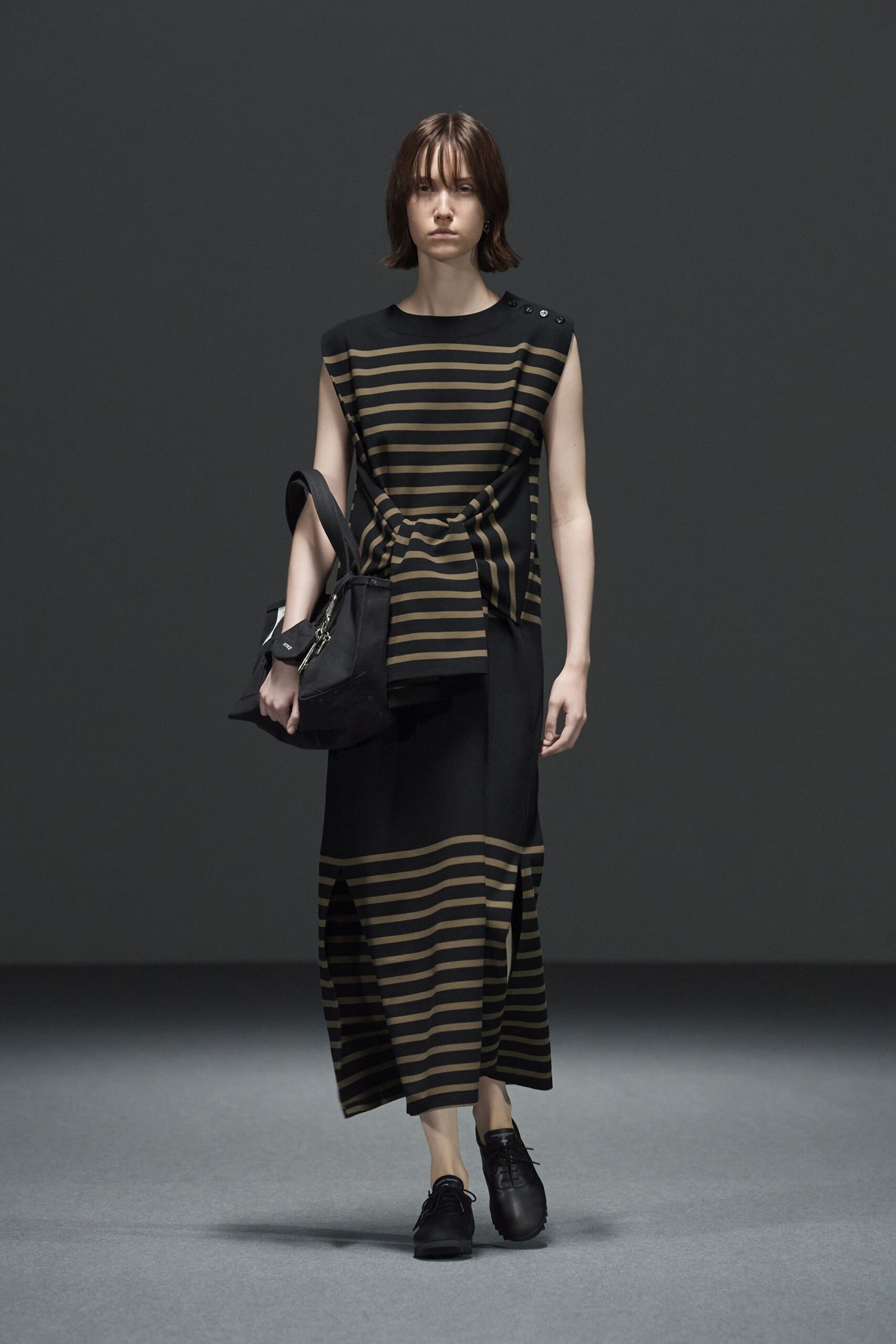 black cotton sleeveless high-neck fitted striped belted top
