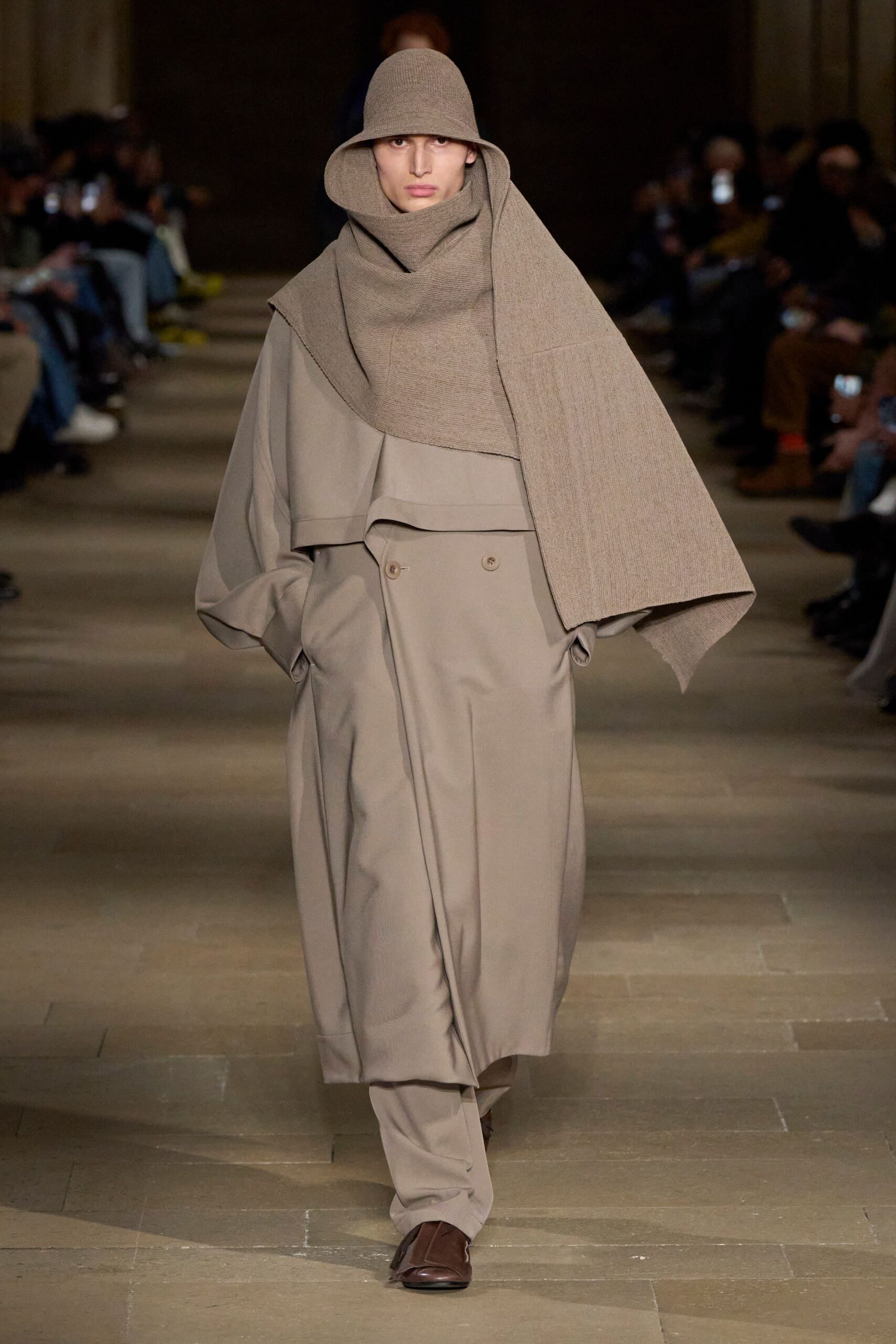 beige wool long-sleeve collared relaxed layered maxi coat