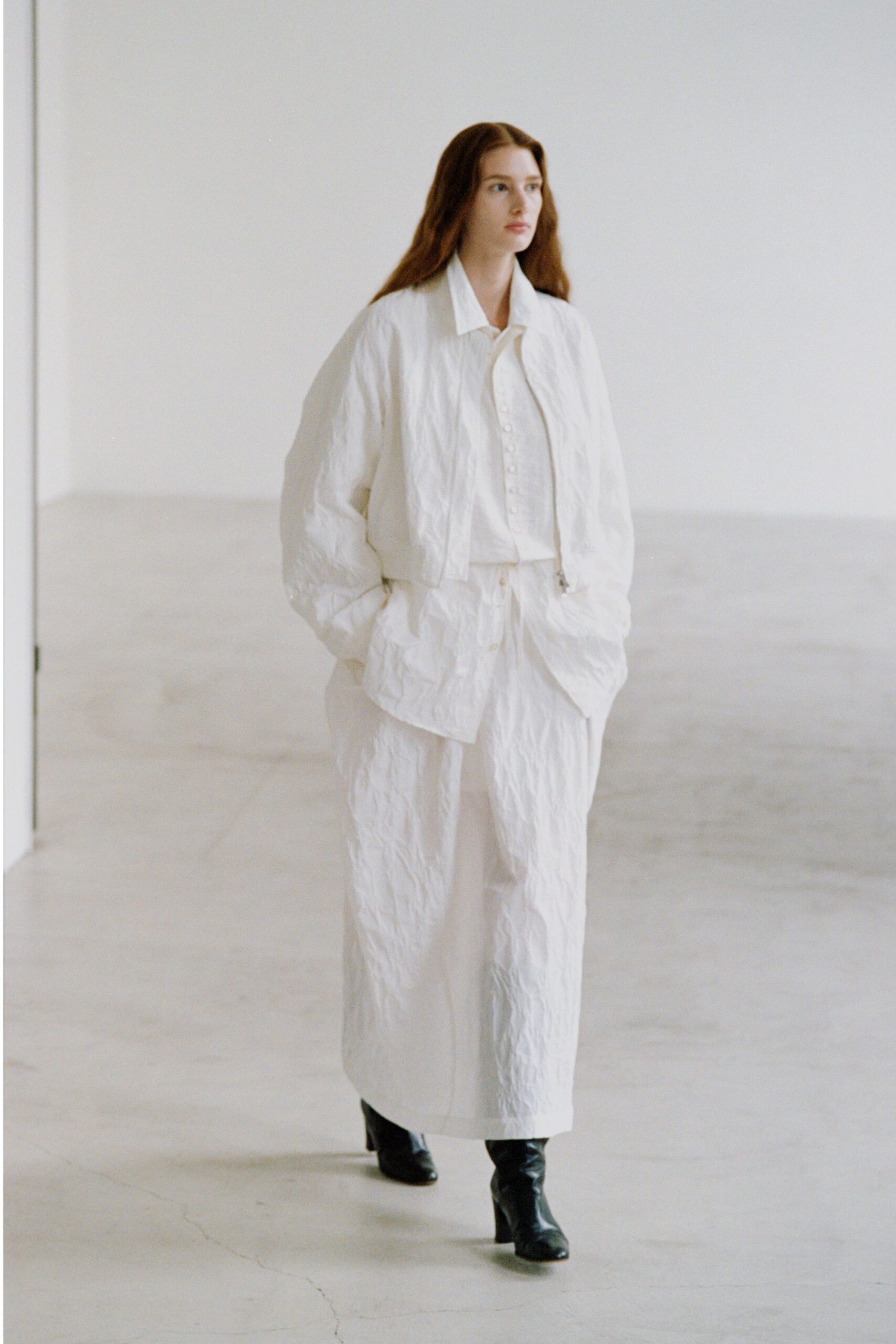 white cotton long-sleeve collared oversized quilted jacket