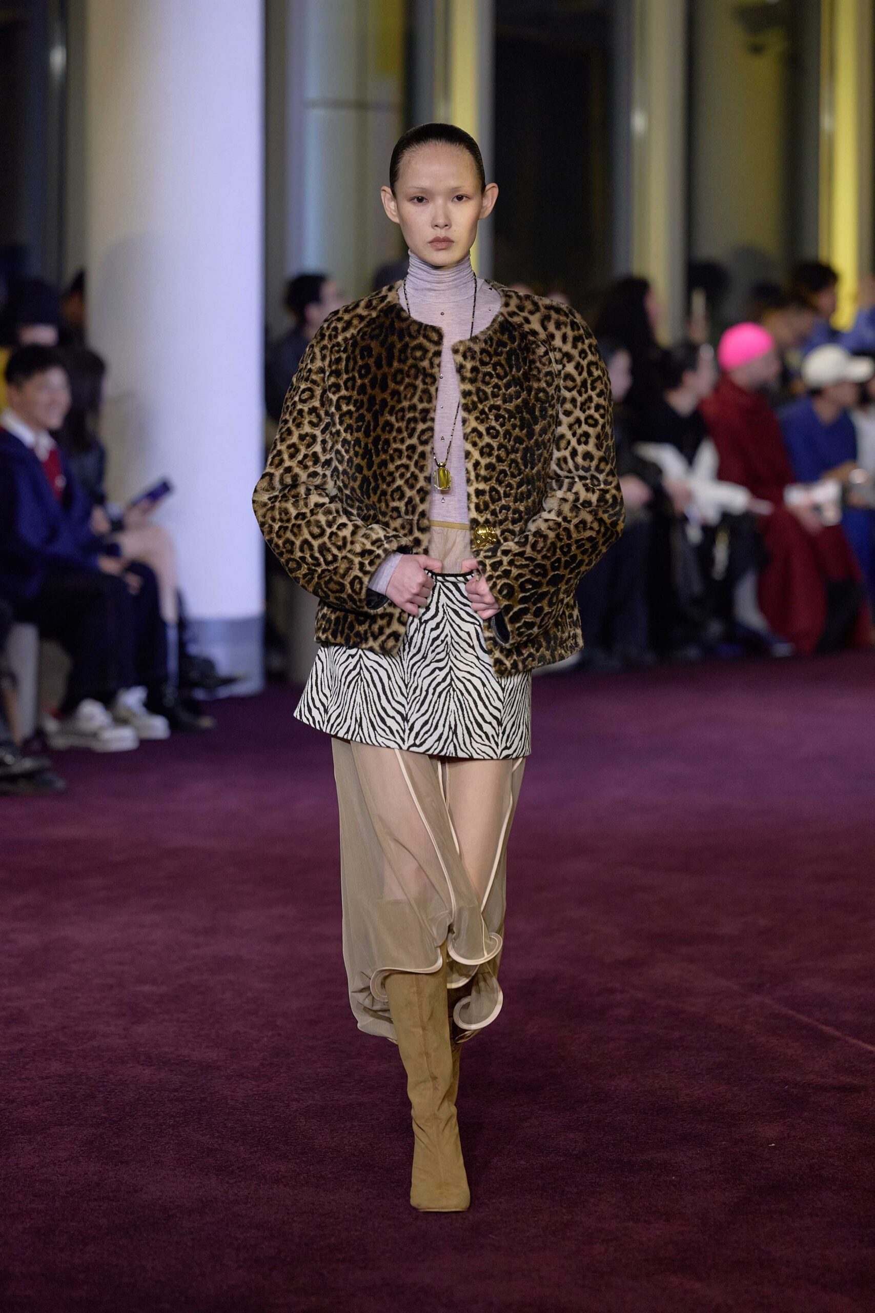 brown faux-fur coat with purple top