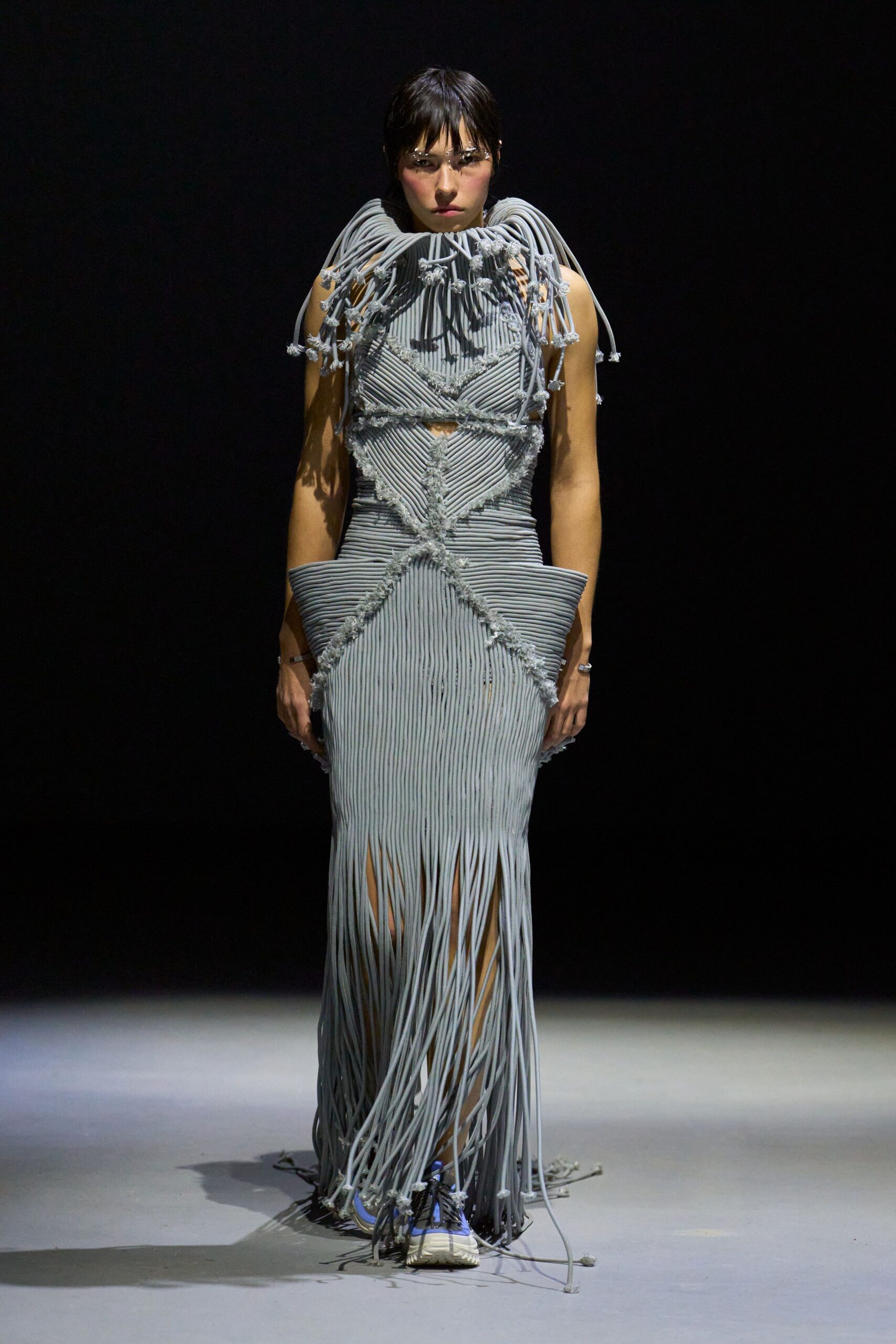 gray fringed maxi gown