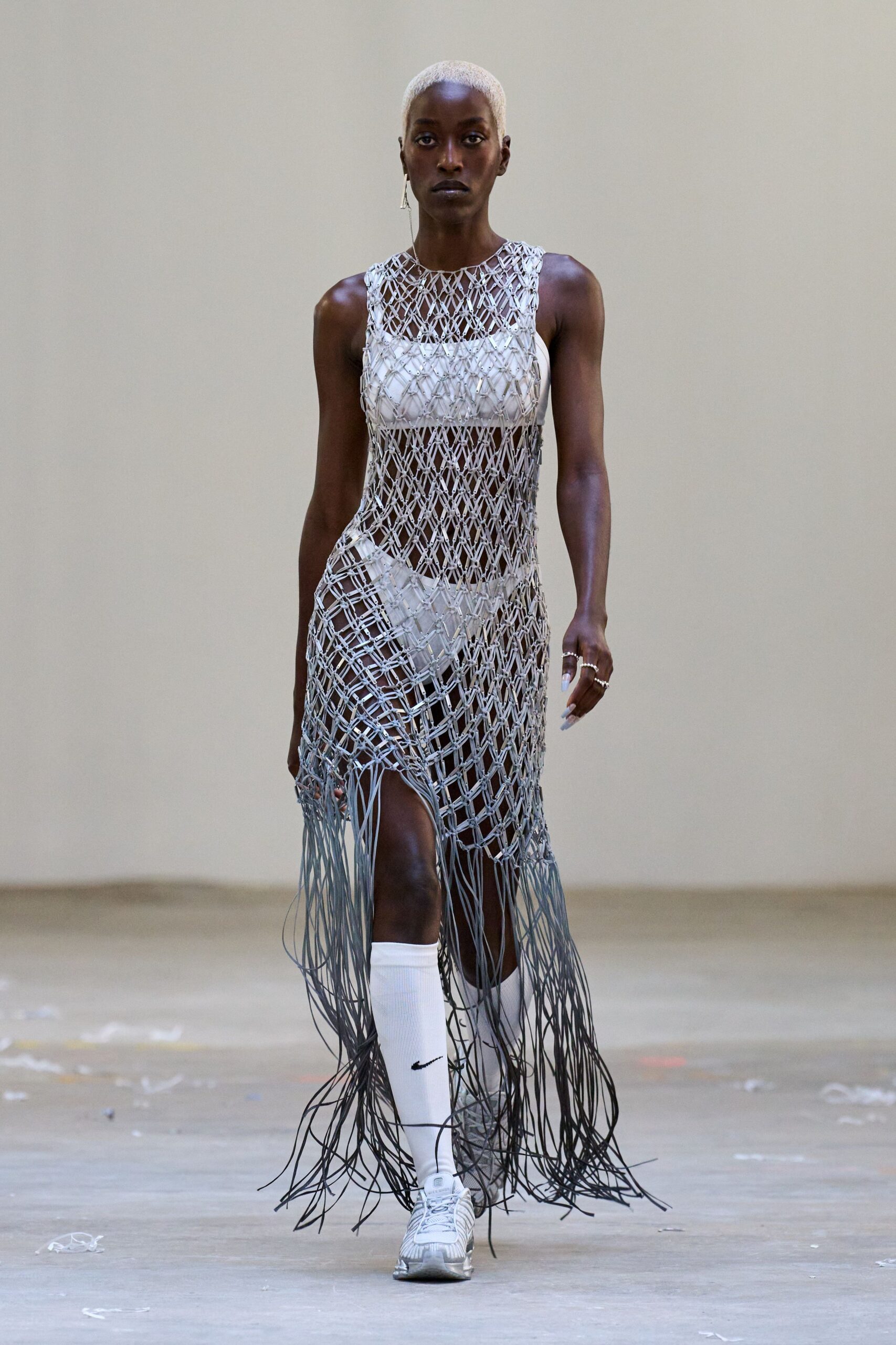 gray mesh sleeveless v-neck fitted fringed flowing dress