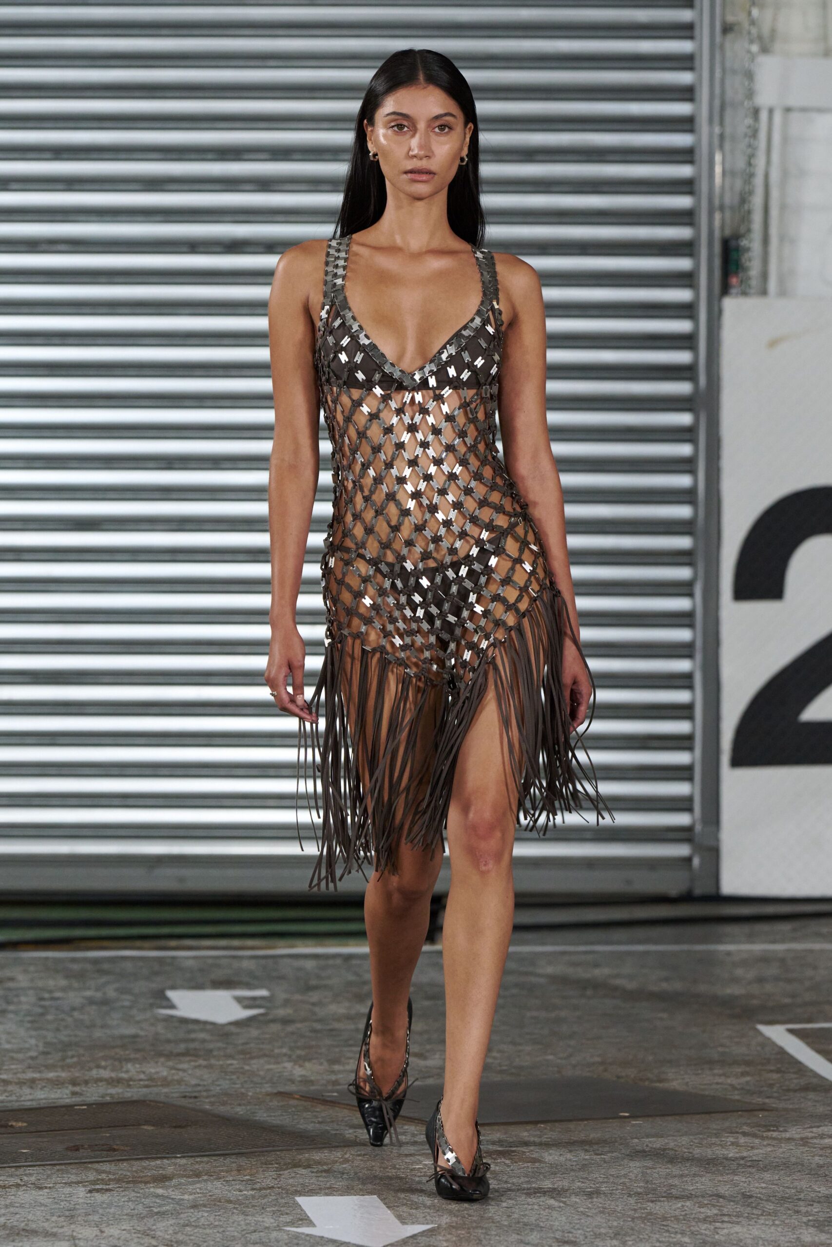 brown metallic sleeveless v-neck fitted fringed layered dress