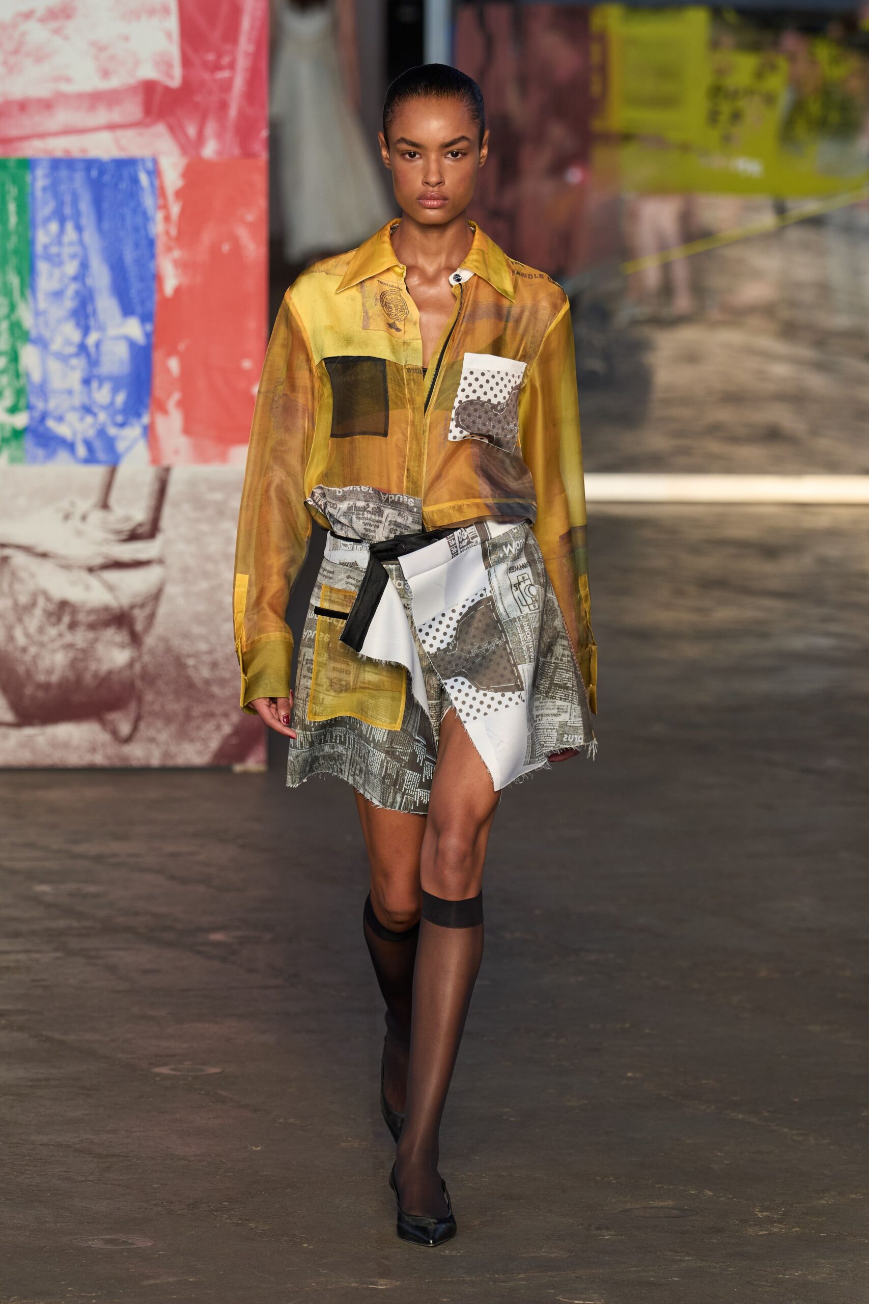 yellow silk long-sleeve collared relaxed color-blocked printed shirt
