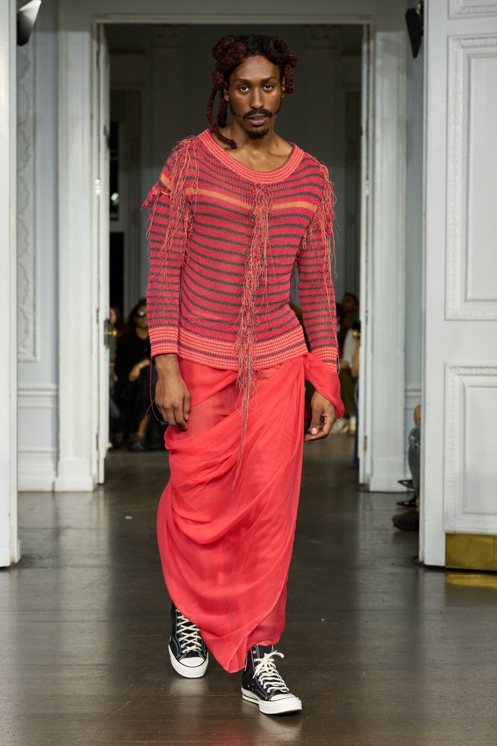 pink chiffon asymmetric fitted layered flowing maxi skirt