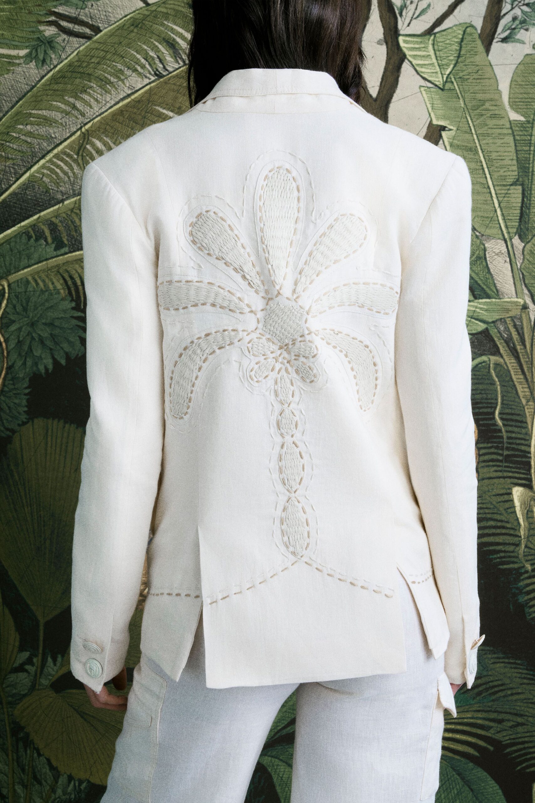 white linen long-sleeve collared tailored embroidered blazer