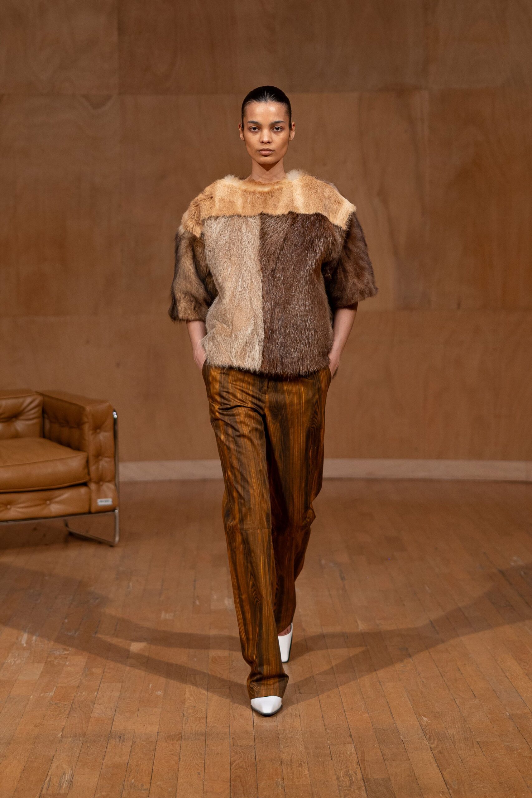 orange silk fitted straight-leg pants