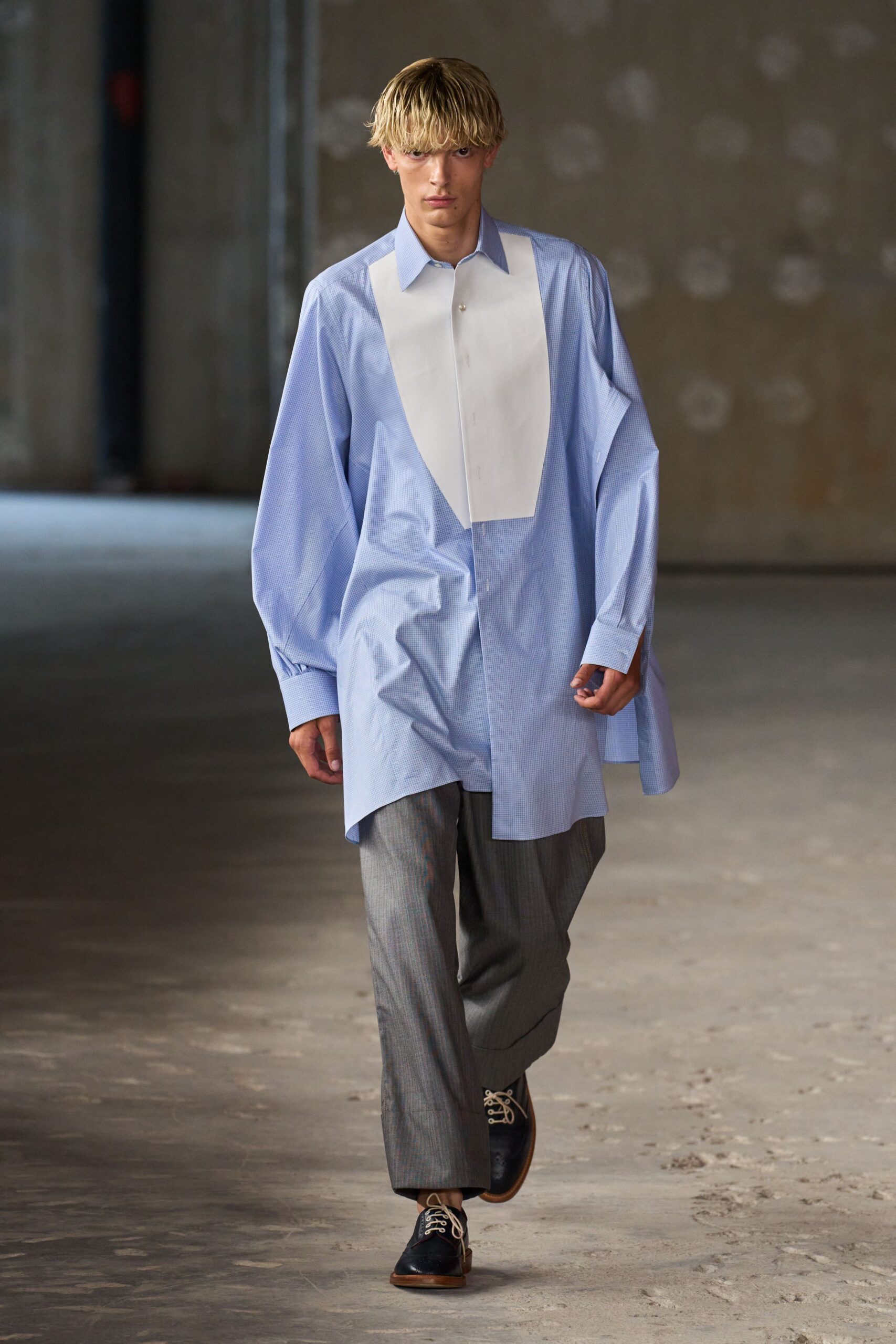 oversized blue shirt with gray pants