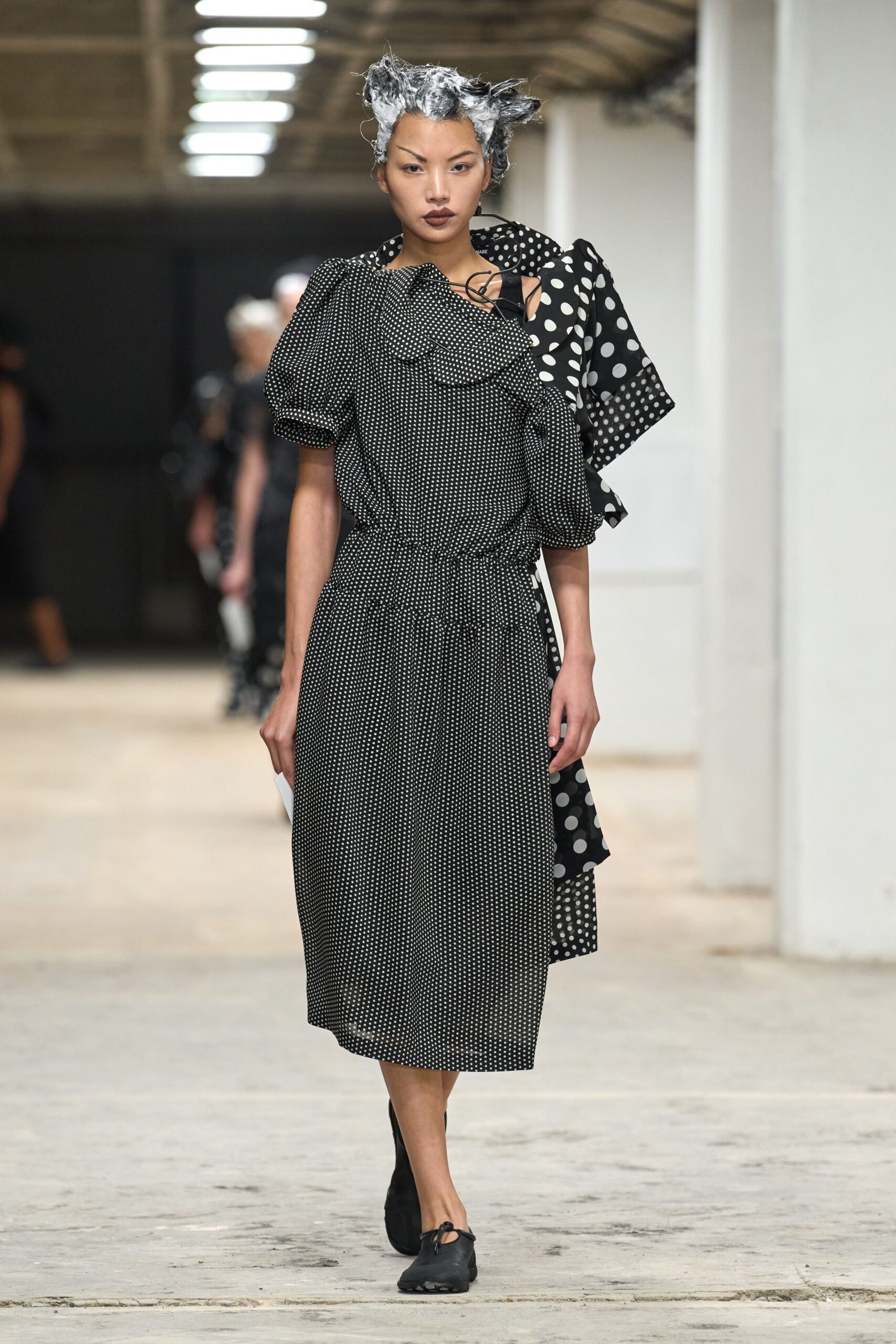 black and white polka-dot midi dress with shoes