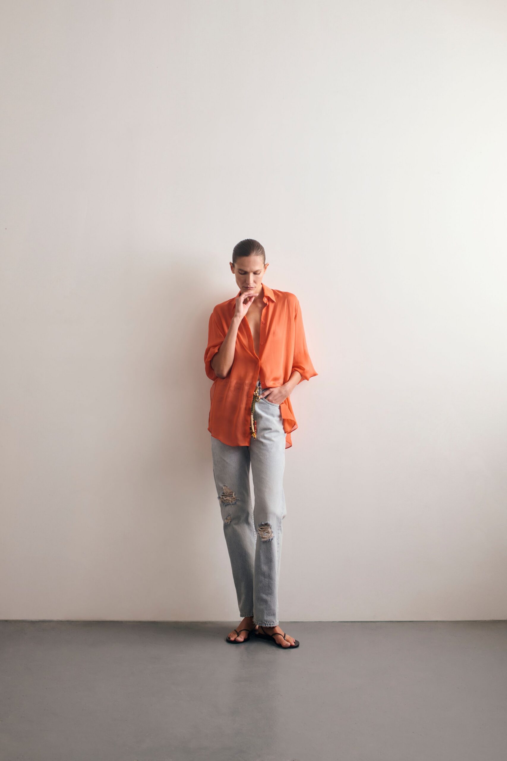 orange cotton long-sleeve collared relaxed buttoned shirt