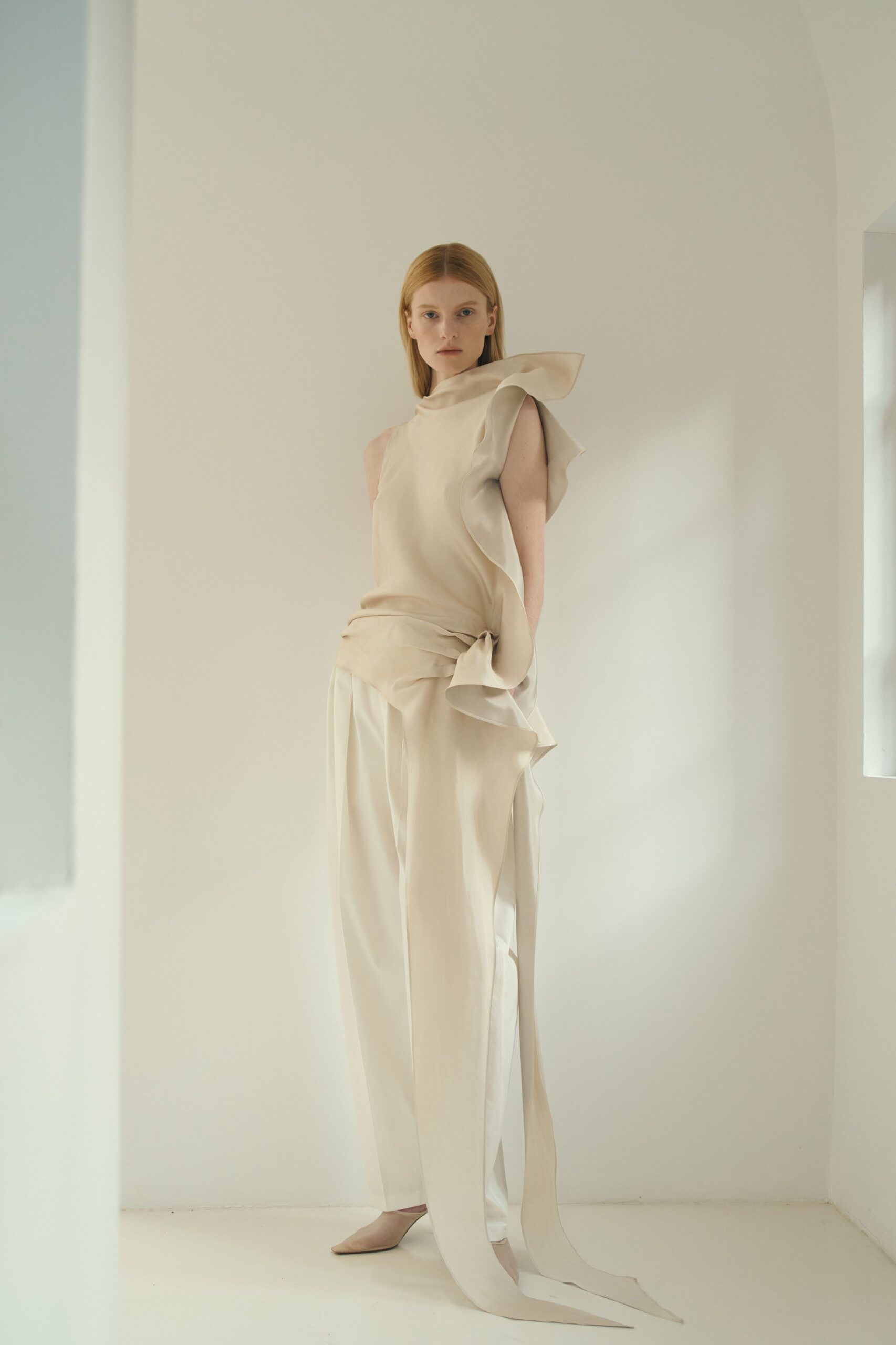 beige silk top and pants
