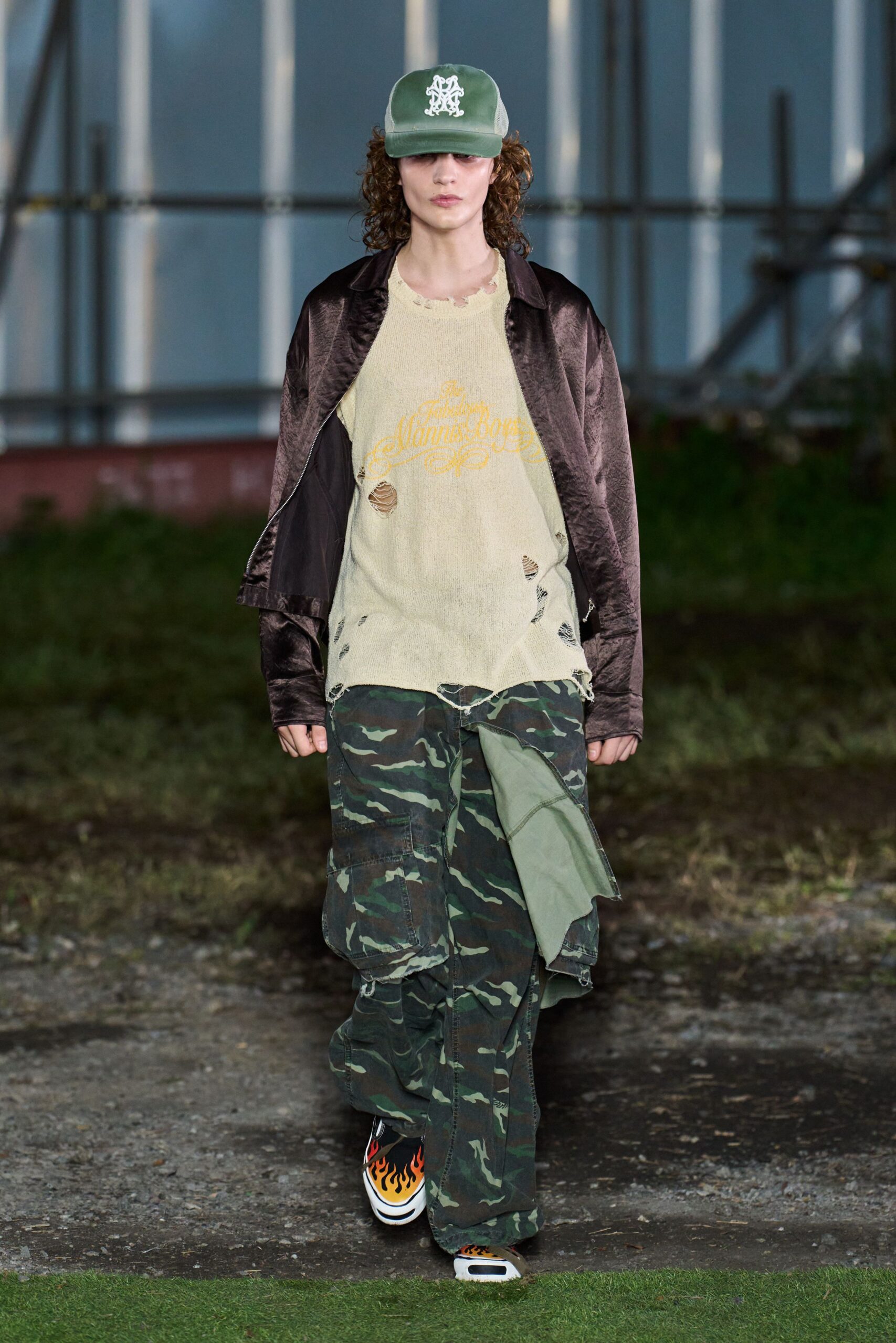 brown satin jacket beige top green cargo pants