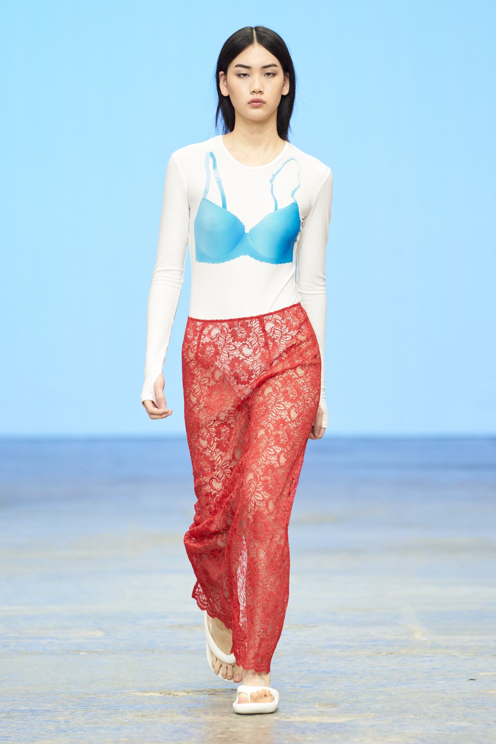 red lace relaxed flared sheer pants