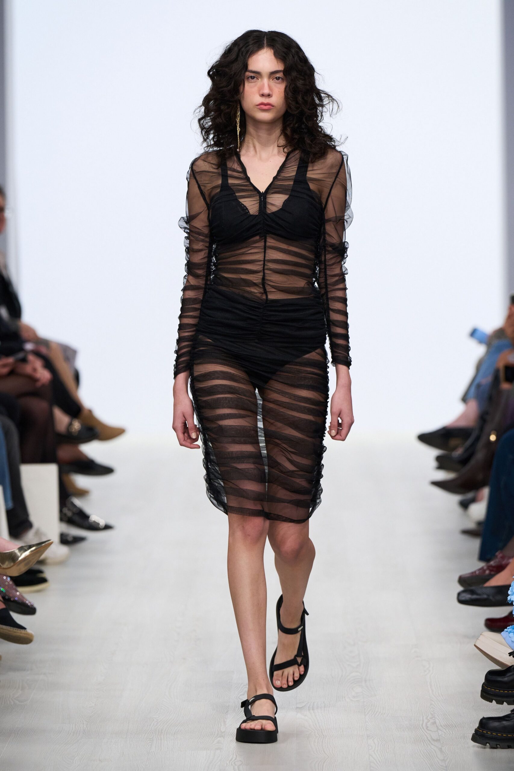 black mesh long-sleeve v-neck fitted ruched sheer dress