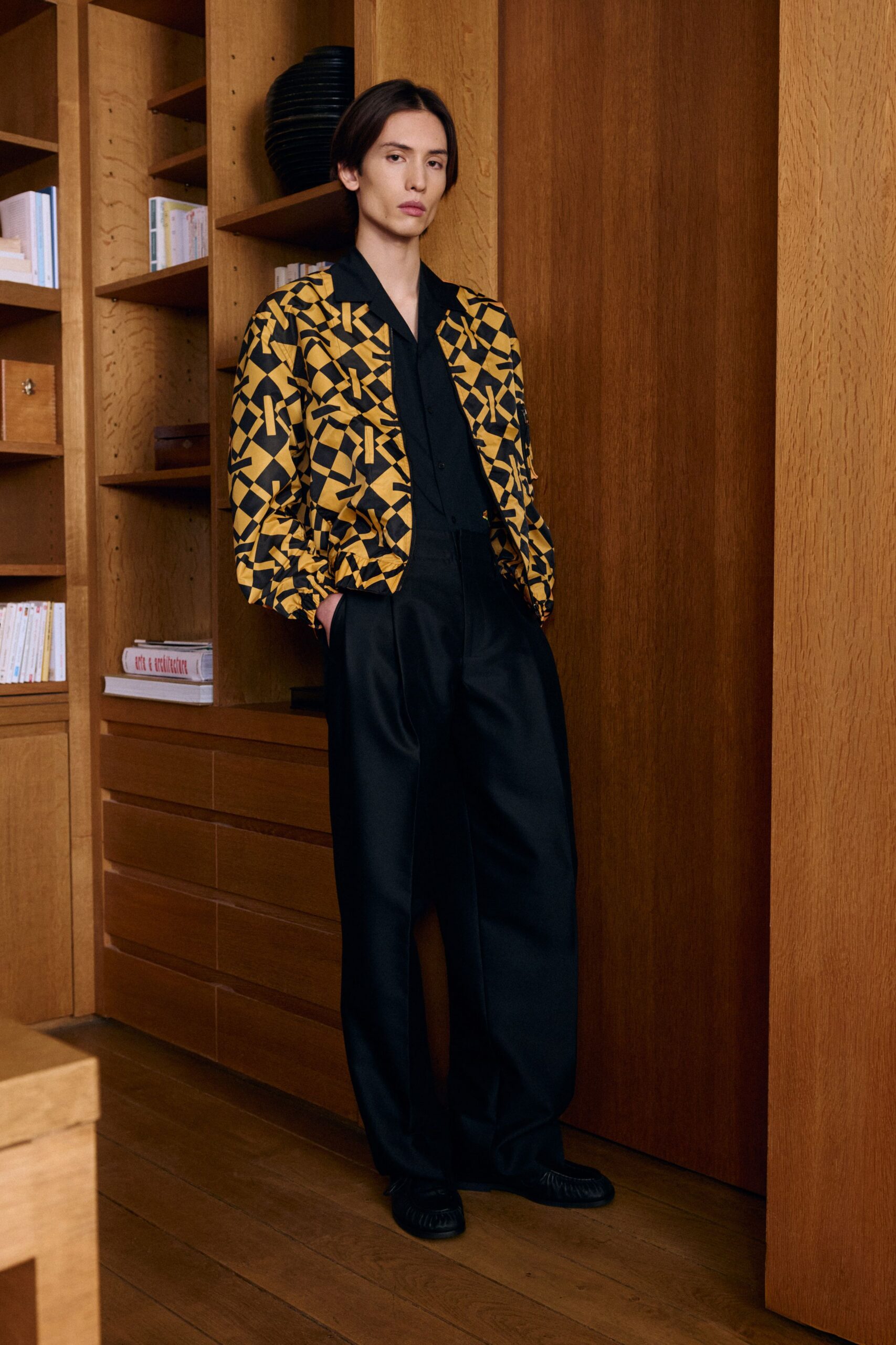 yellow cotton long-sleeve collared relaxed printed jacket