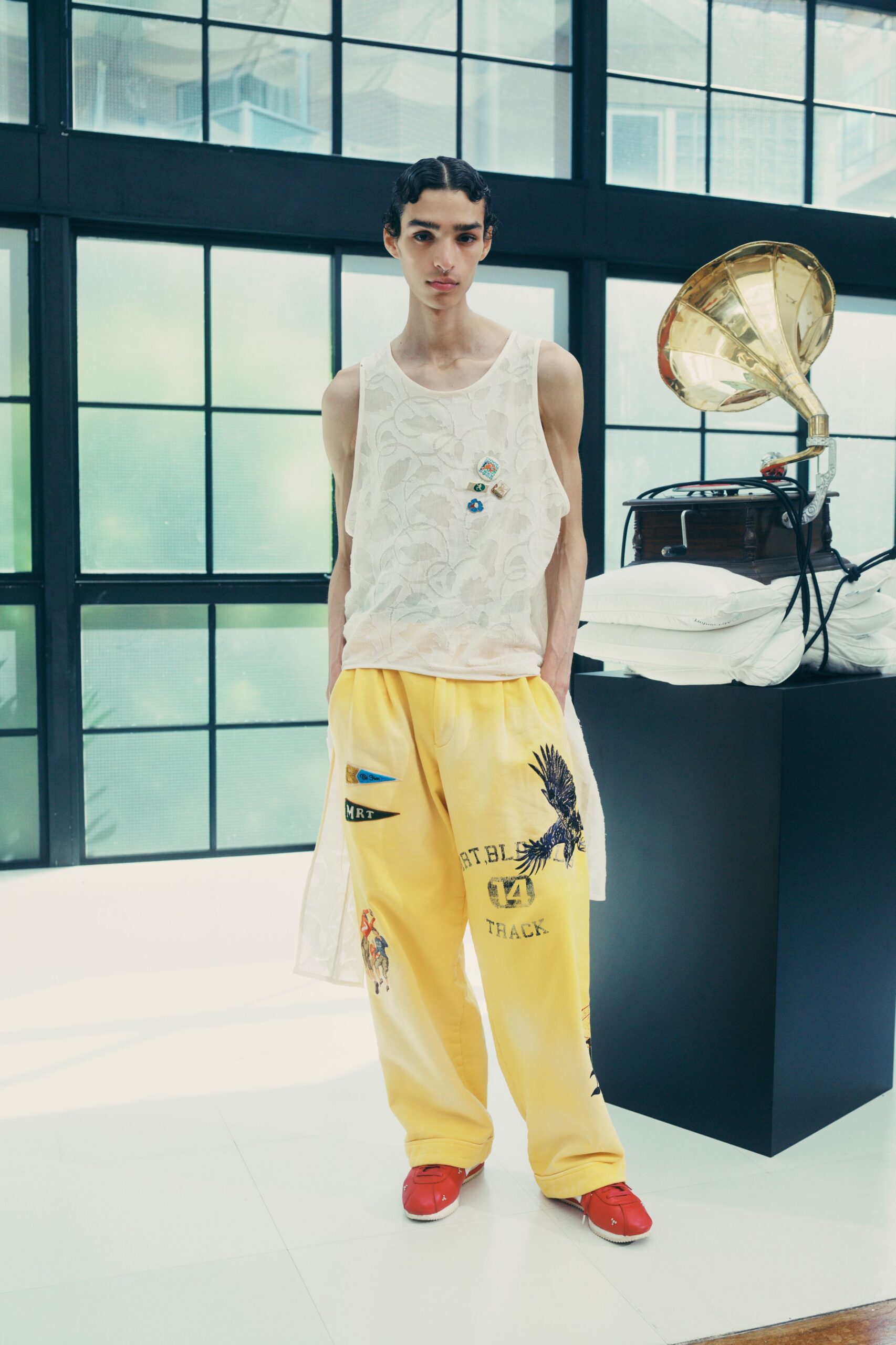 yellow cotton relaxed printed pants