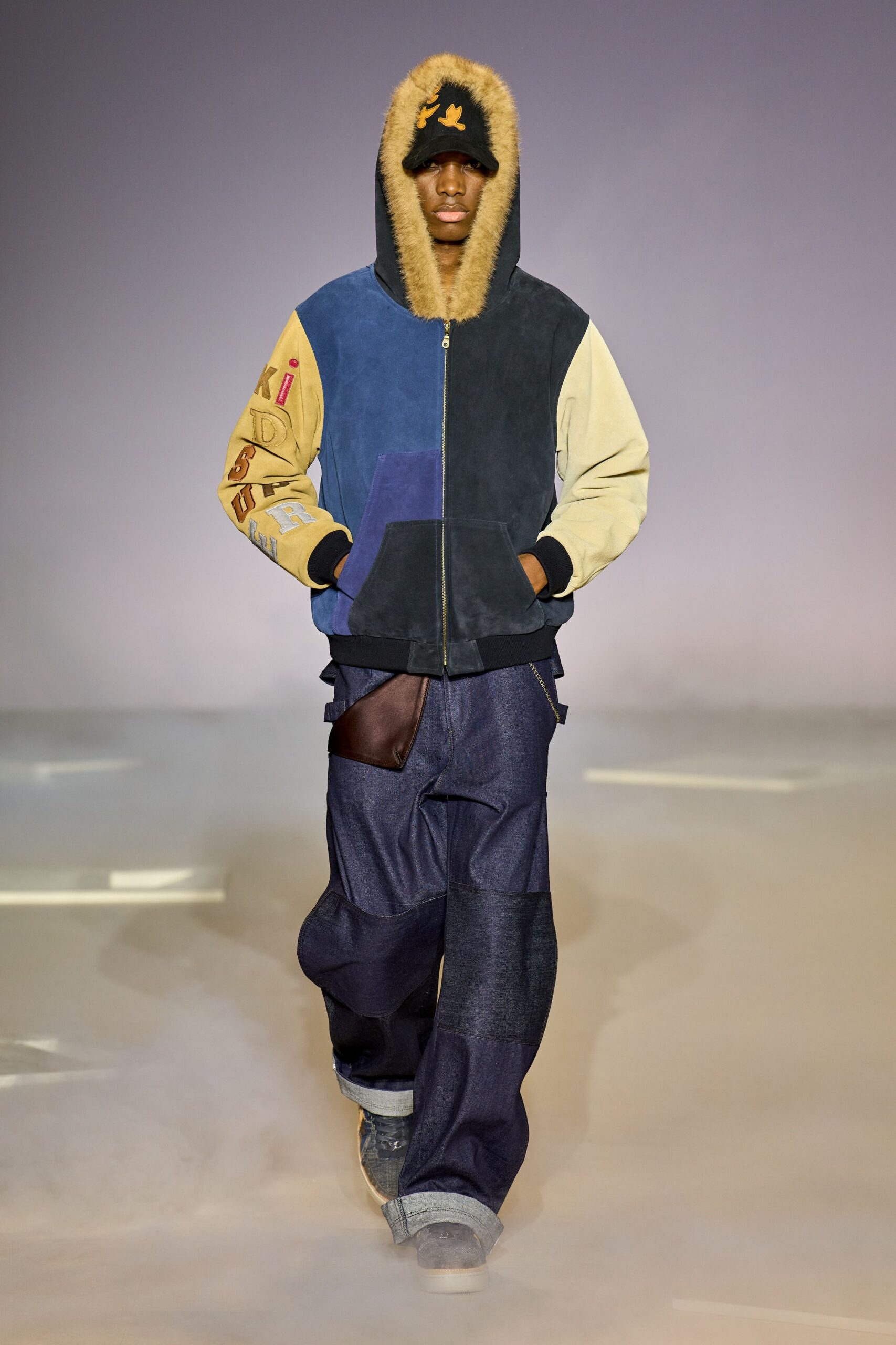 color-blocked hooded jacket with wide-leg pants