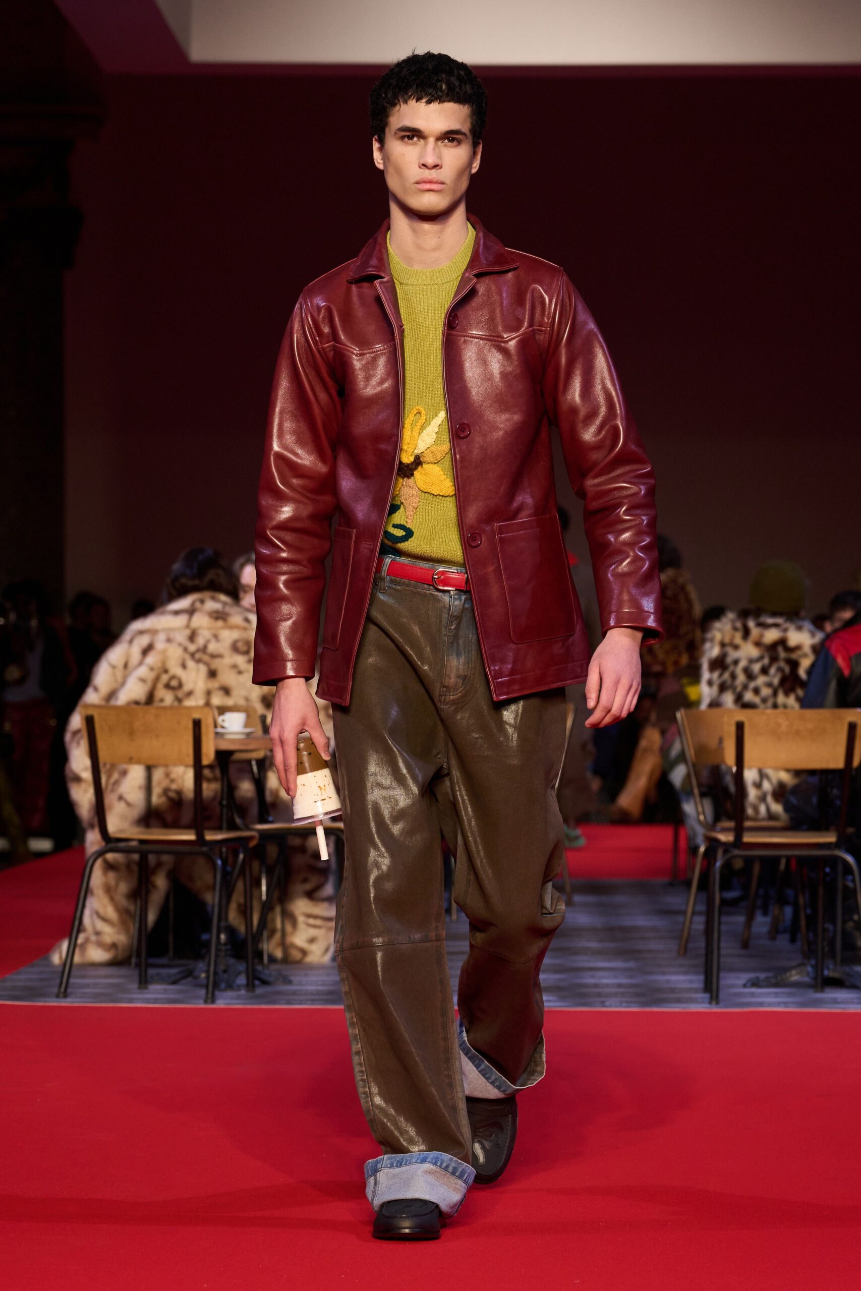 red leather long-sleeve collared relaxed jacket