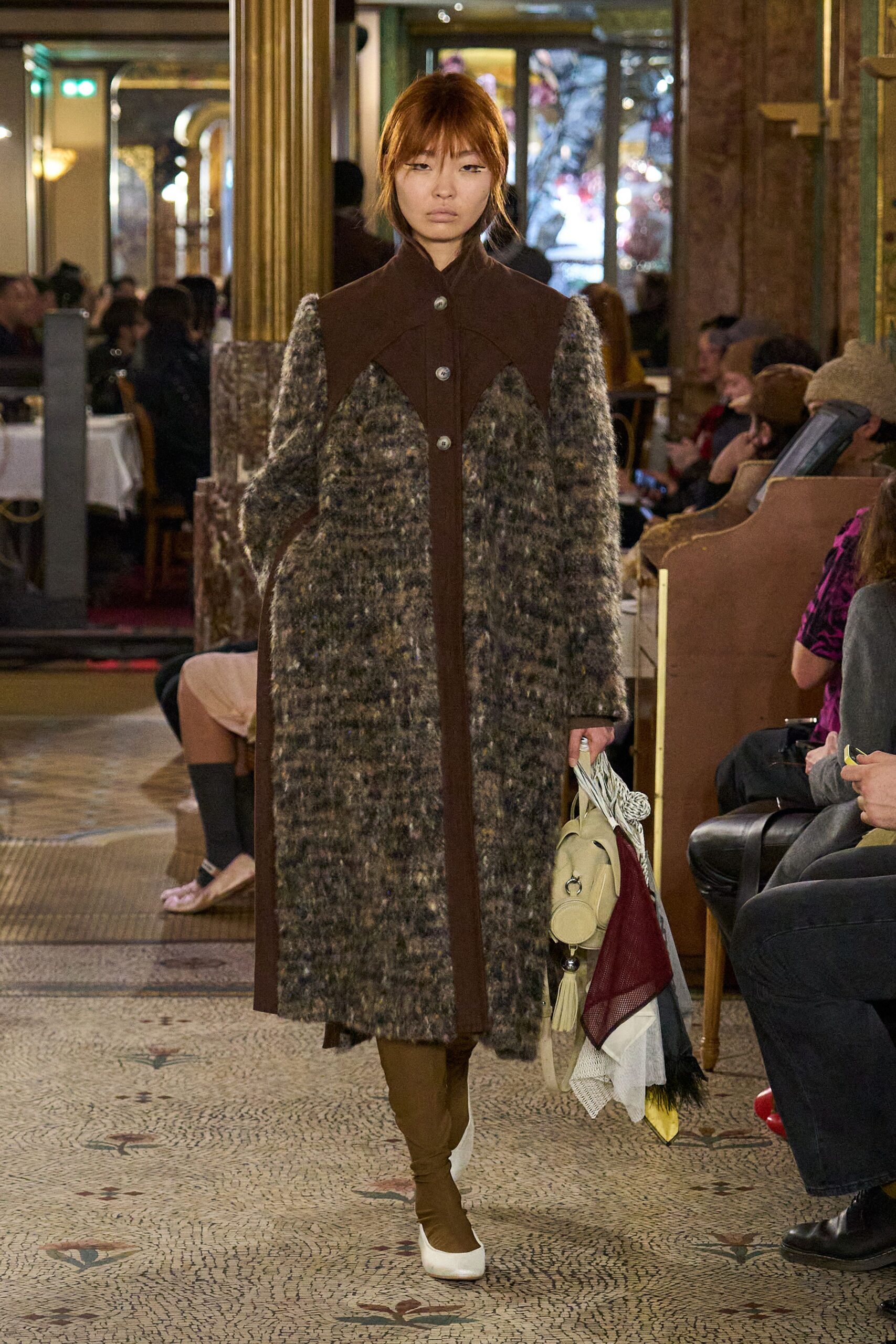 brown wool long-sleeve collared fitted buttoned maxi coat