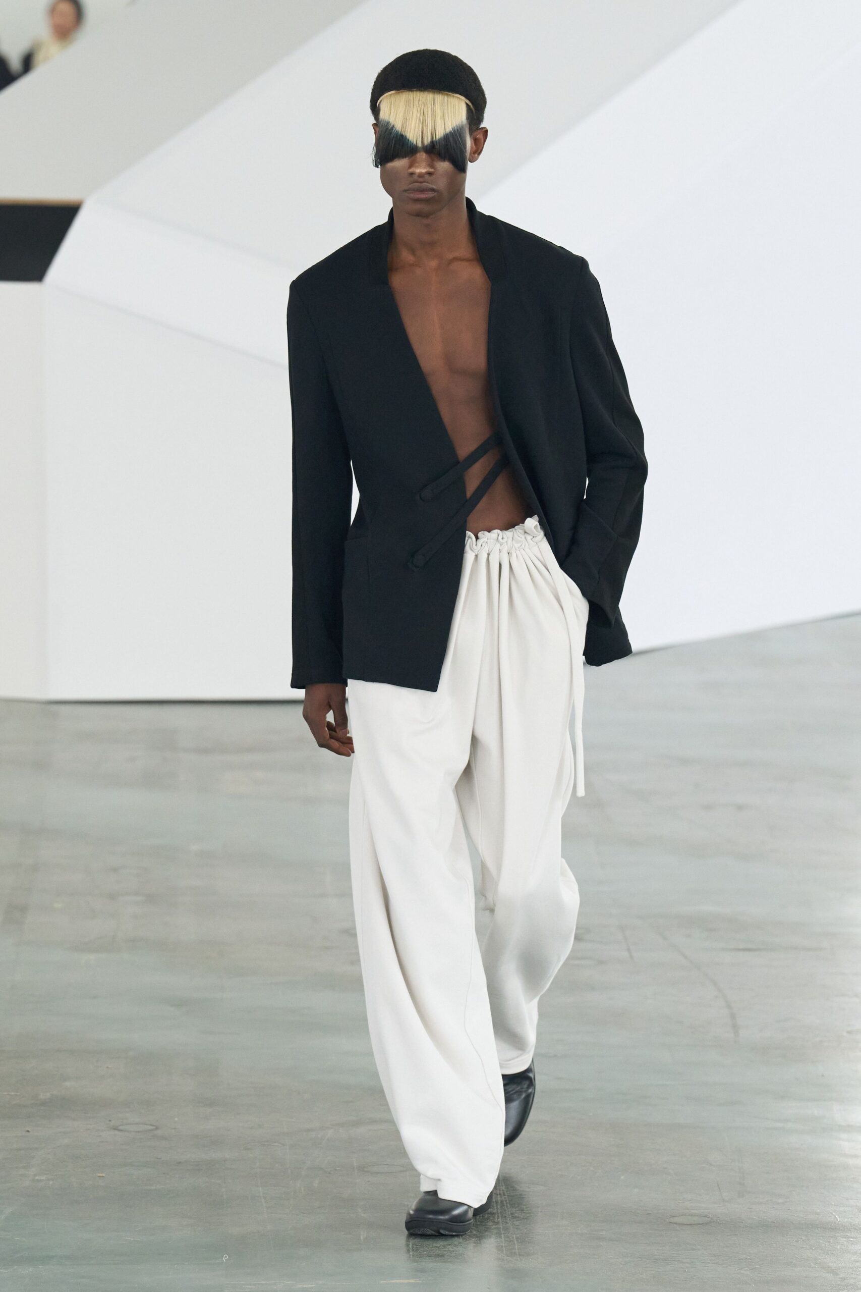 black blazer white pants
