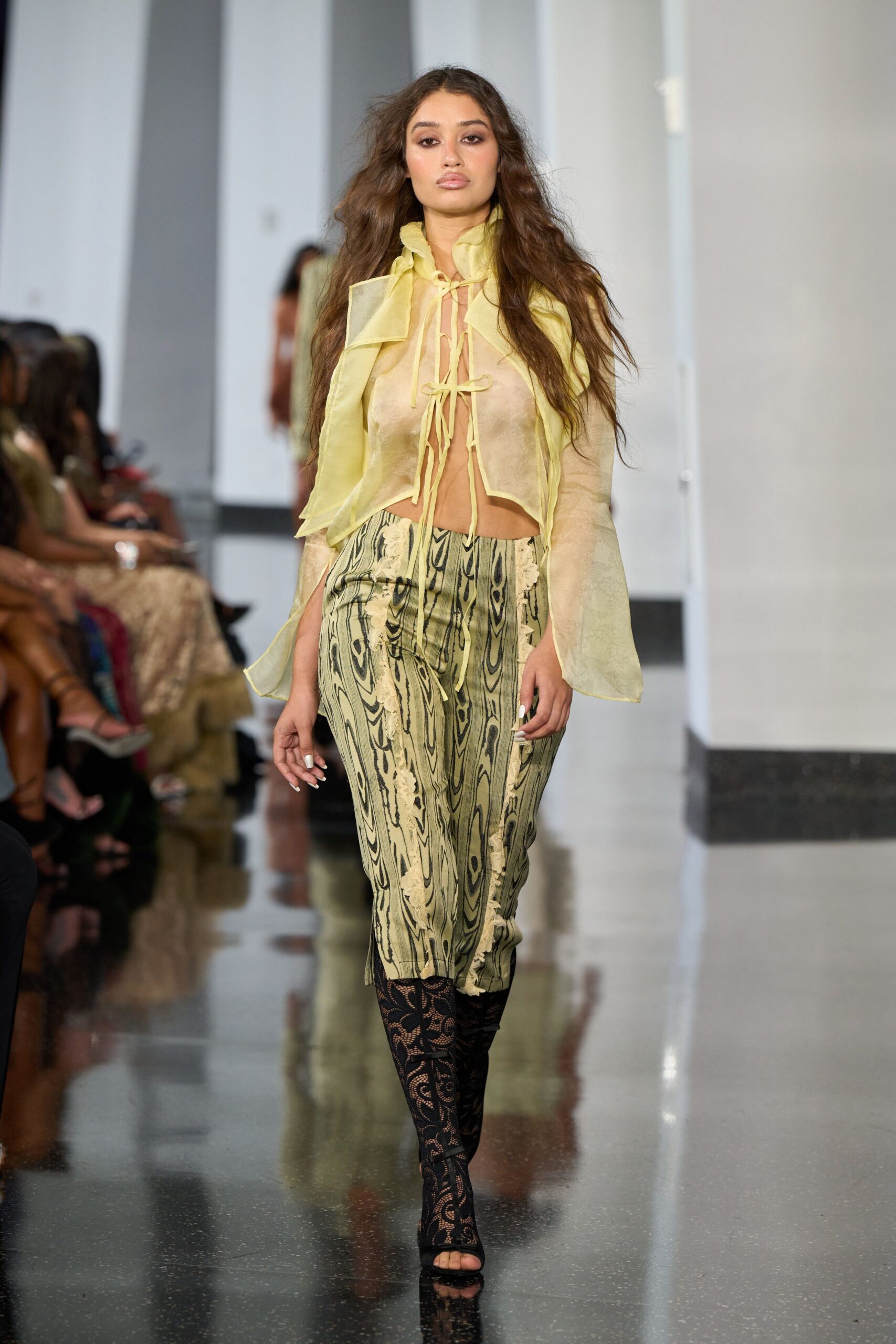 yellow chiffon long-sleeve collared fitted layered sheer top