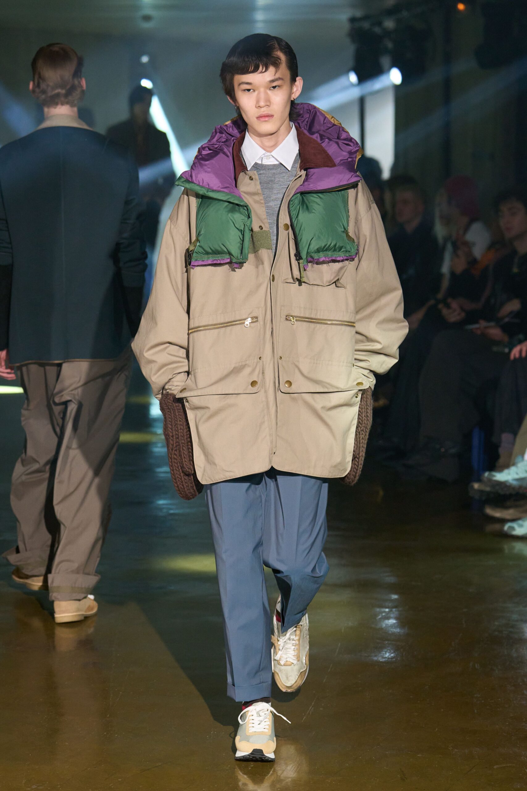 beige jacket with purple details