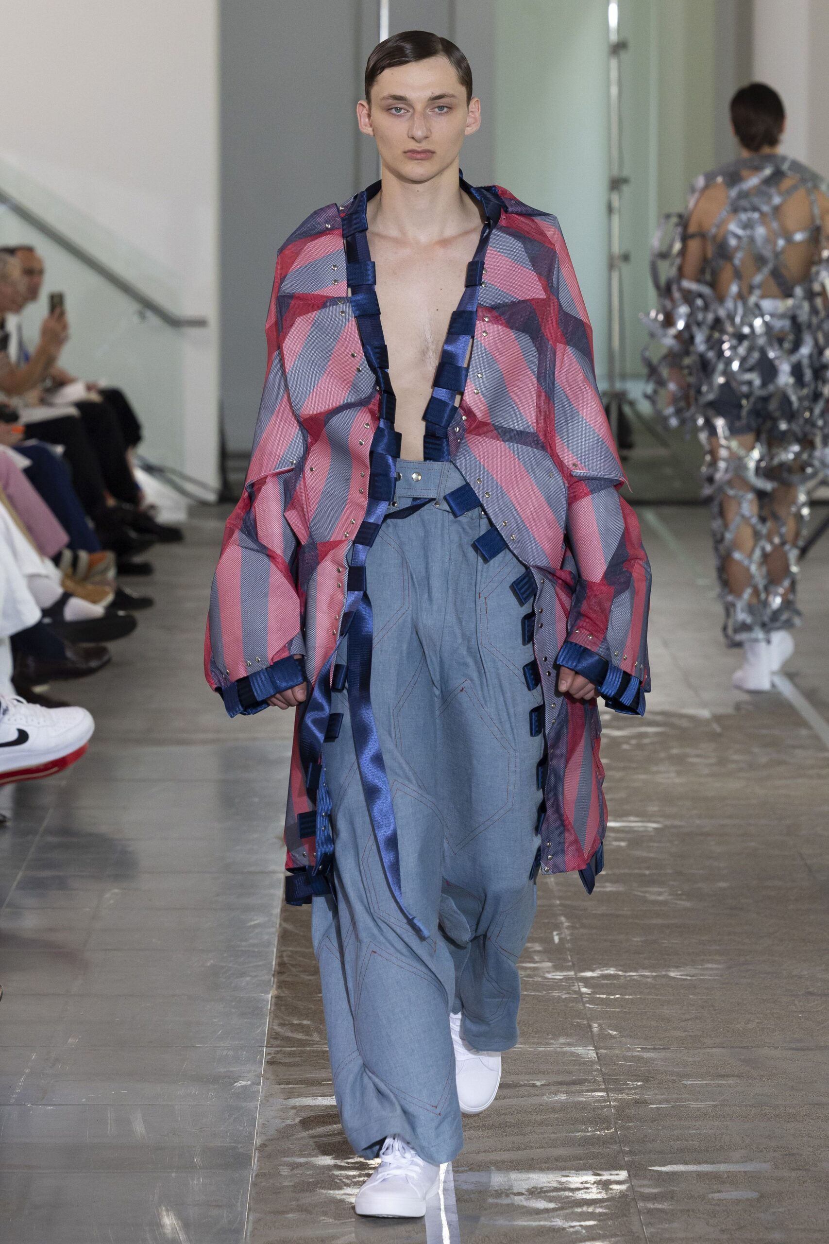 checked coat with relaxed pants