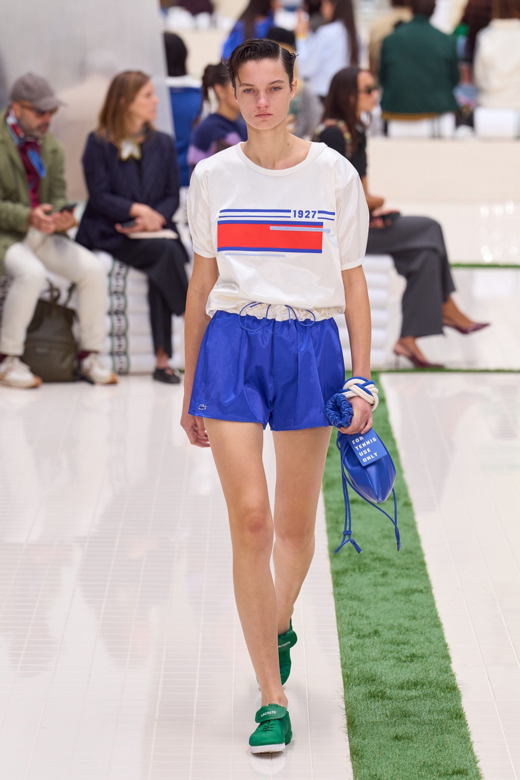 white t-shirt blue shorts