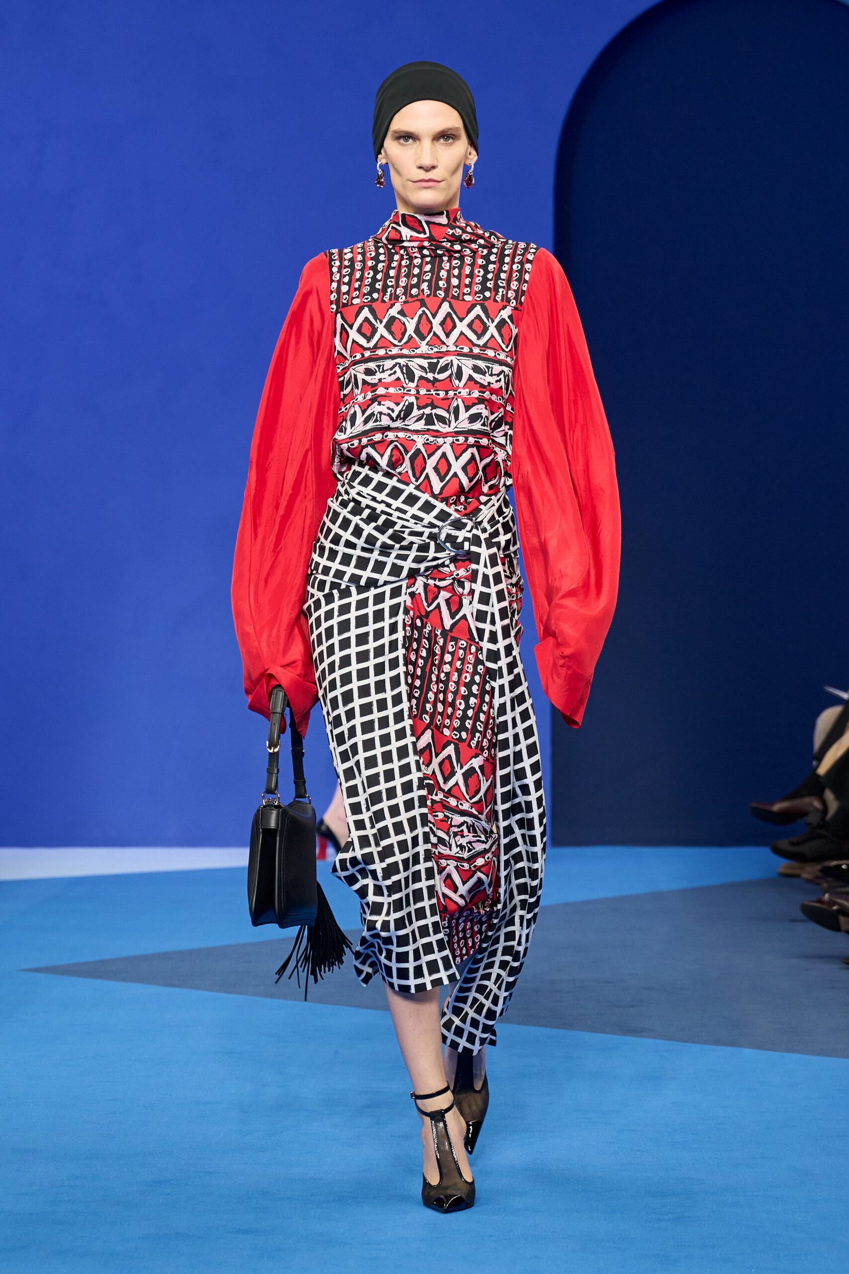 red silk long-sleeve collared fitted printed tiered dress