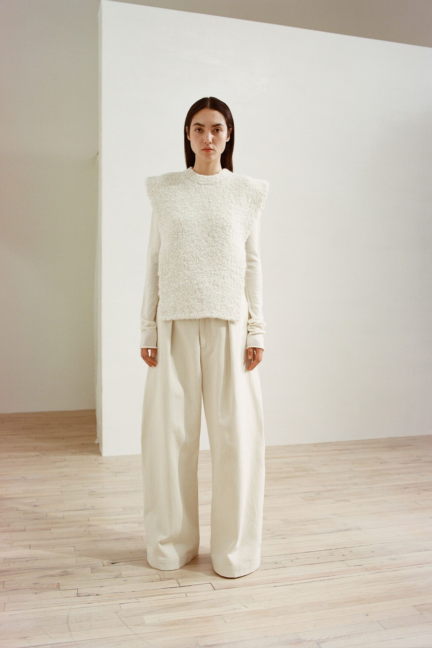white wool long-sleeve relaxed textured top