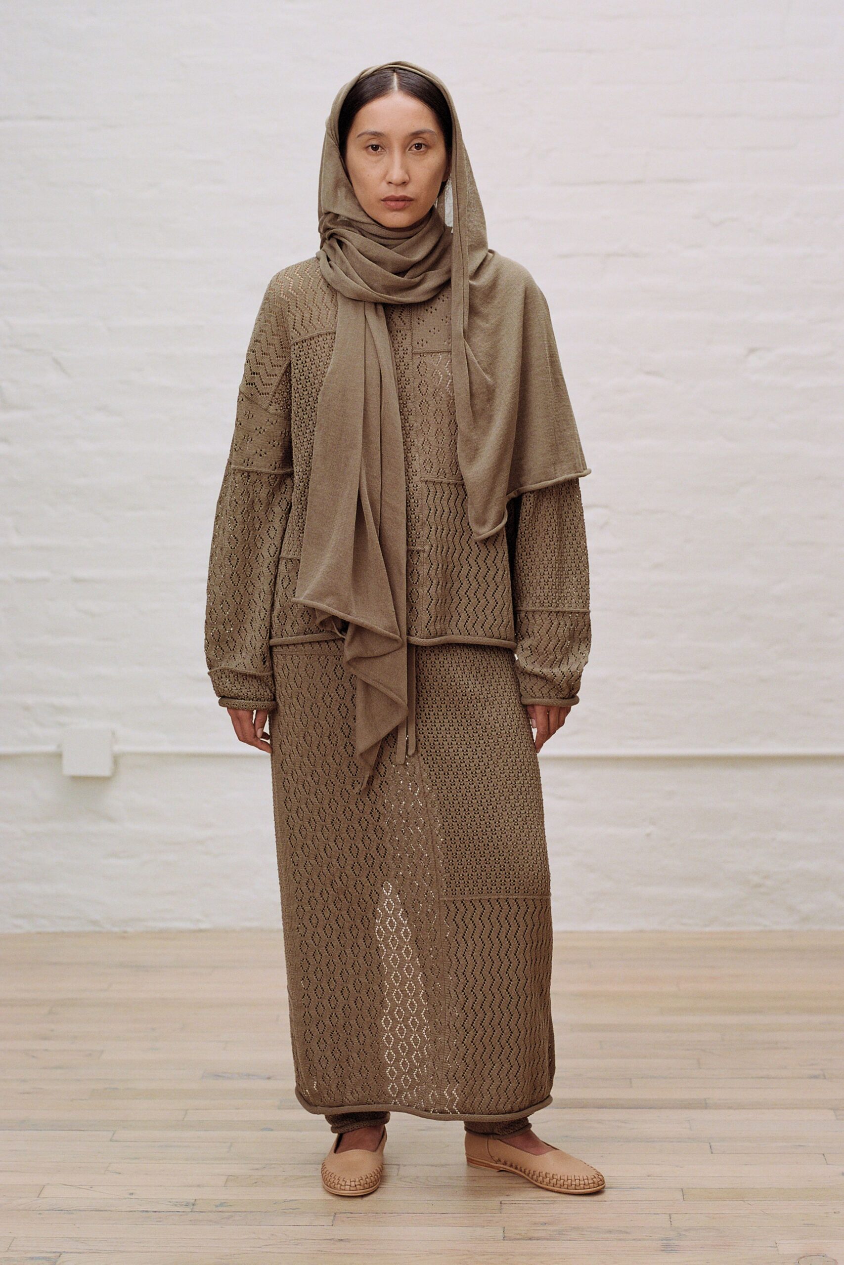 beige cotton long-sleeve high-neck relaxed pleated maxi dress