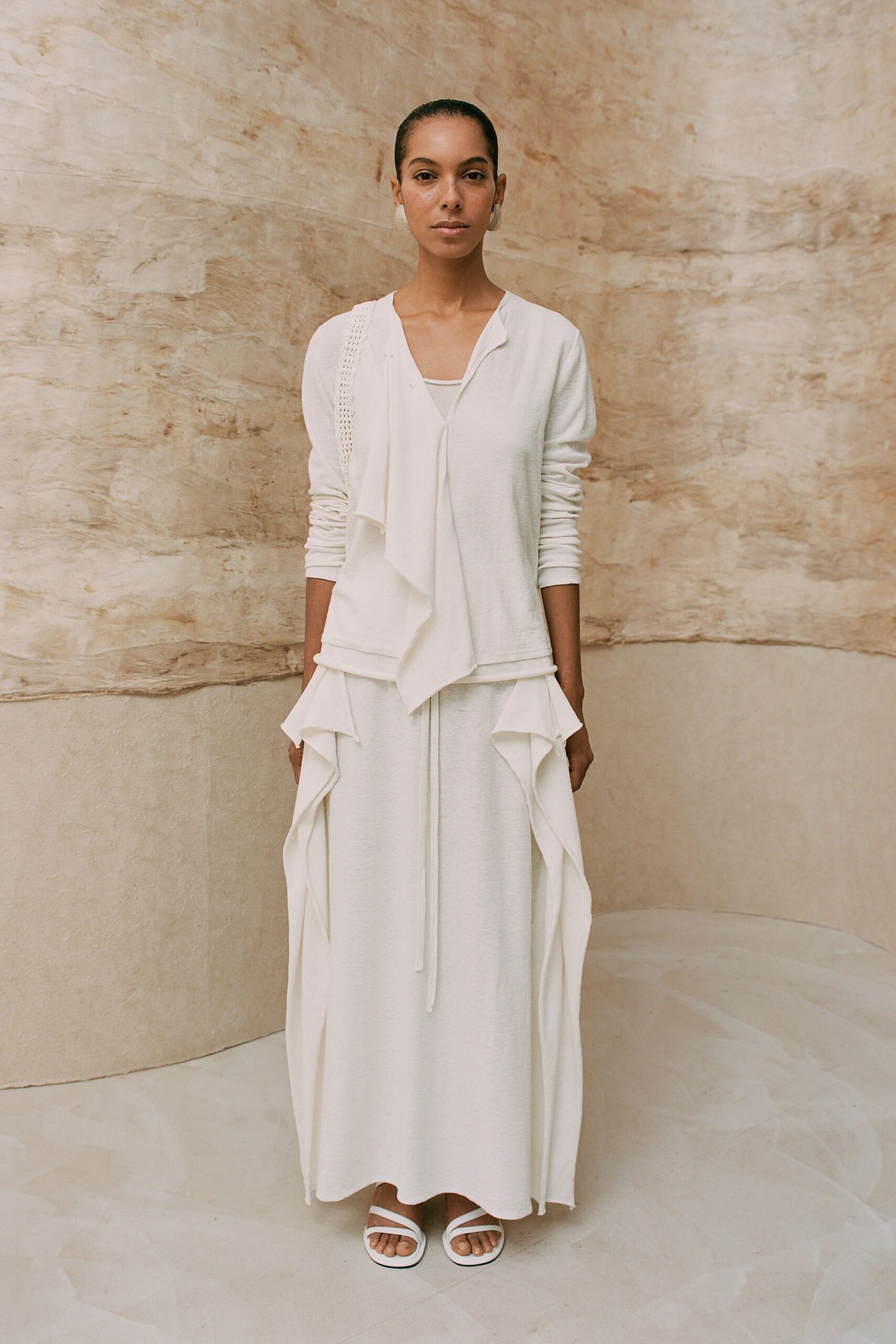 white cotton long-sleeve collared relaxed layered cardigan