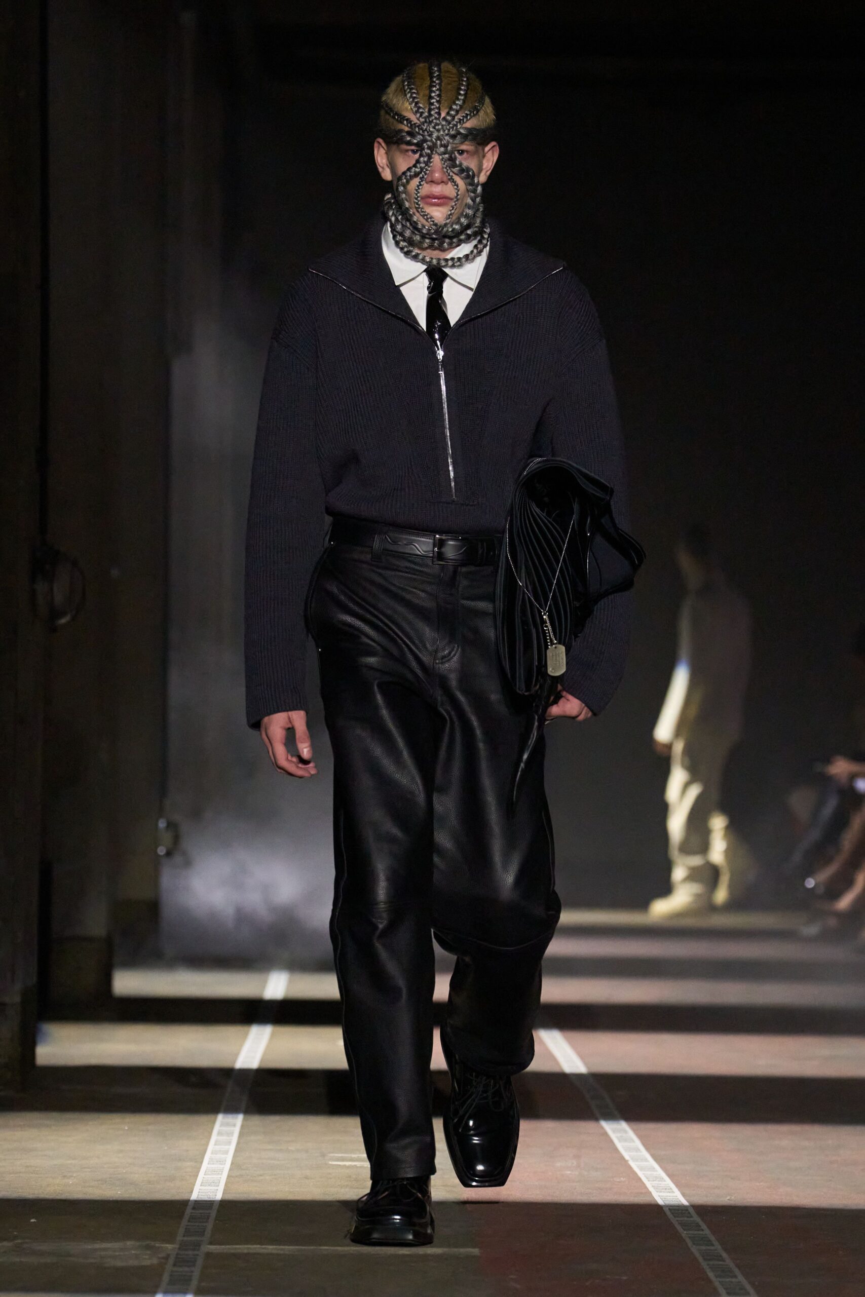 black wool jacket with leather pants