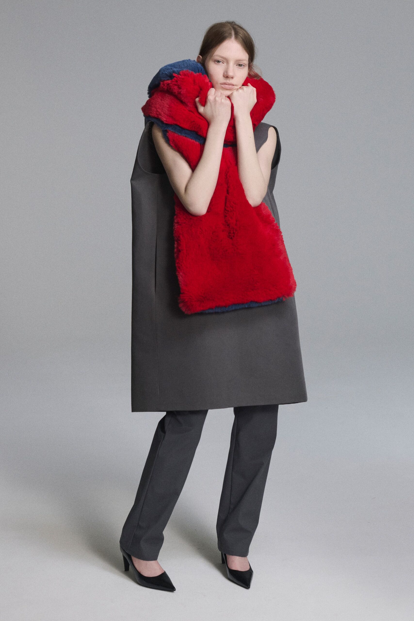 red faux-fur oversized layered scarf