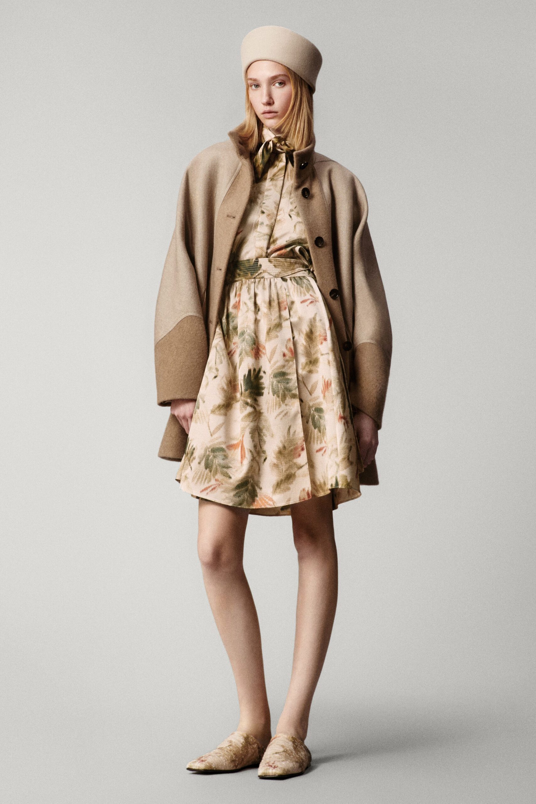 beige cotton sleeveless collared fitted flared mini dress