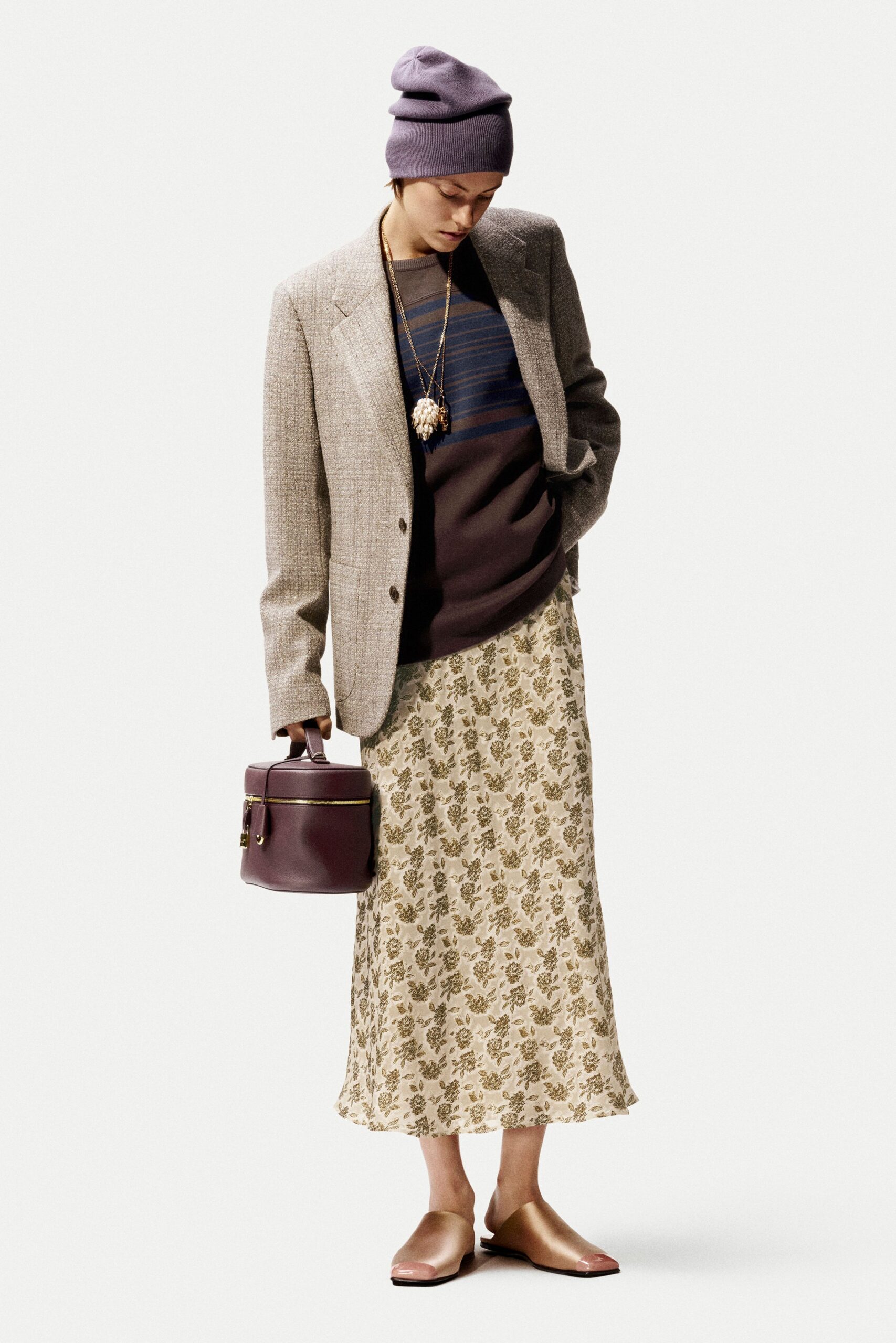 beige cotton fitted flared midi skirt