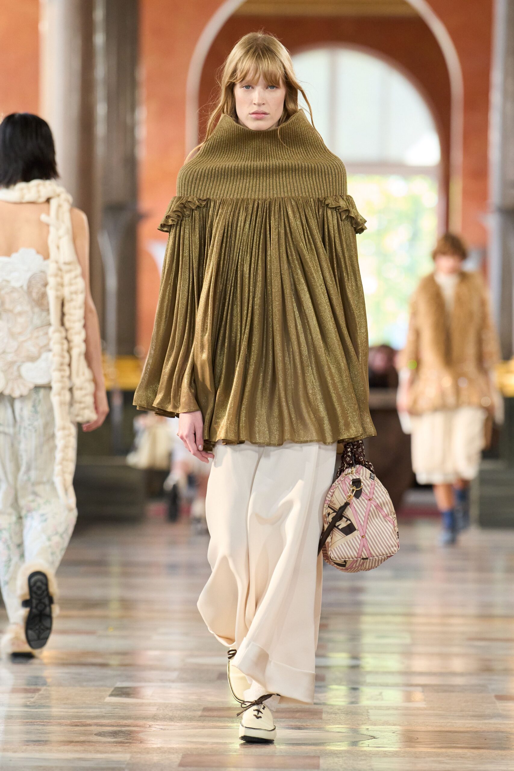 green cotton long-sleeve high-neck relaxed pleated flowing top