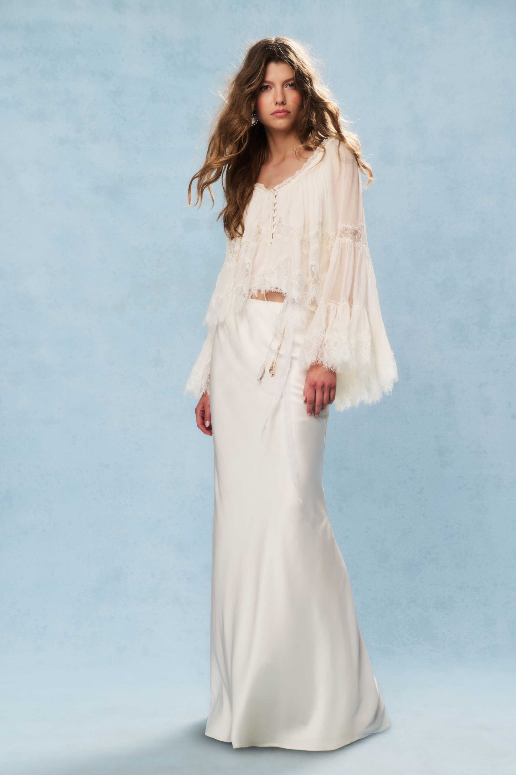 white silk fitted straight-leg flowing maxi skirt